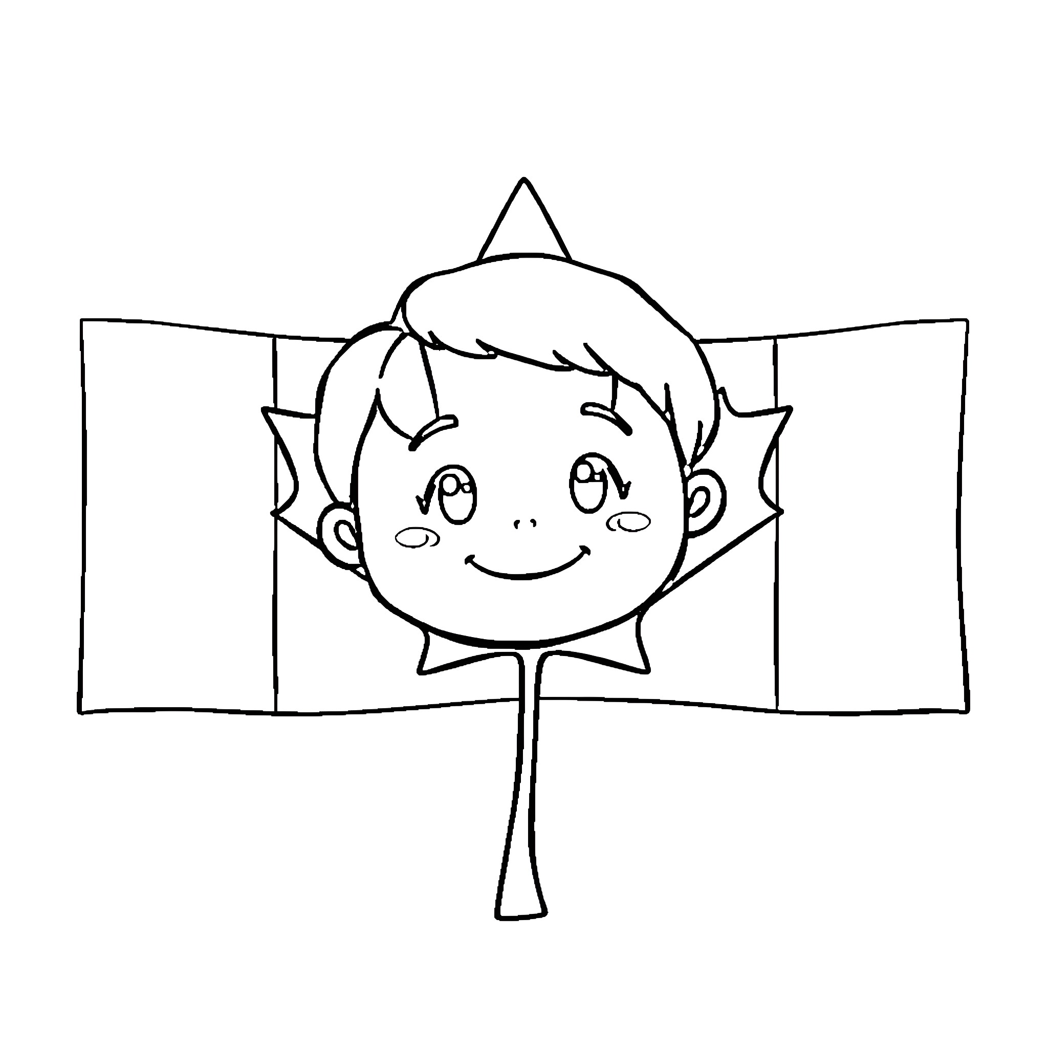 Canada Flag with Cheerful Child Coloring Page (free black-and-white line drawing printable PDF for all, from beginners to advanced learners, including children, teens, adults, and seniors)
