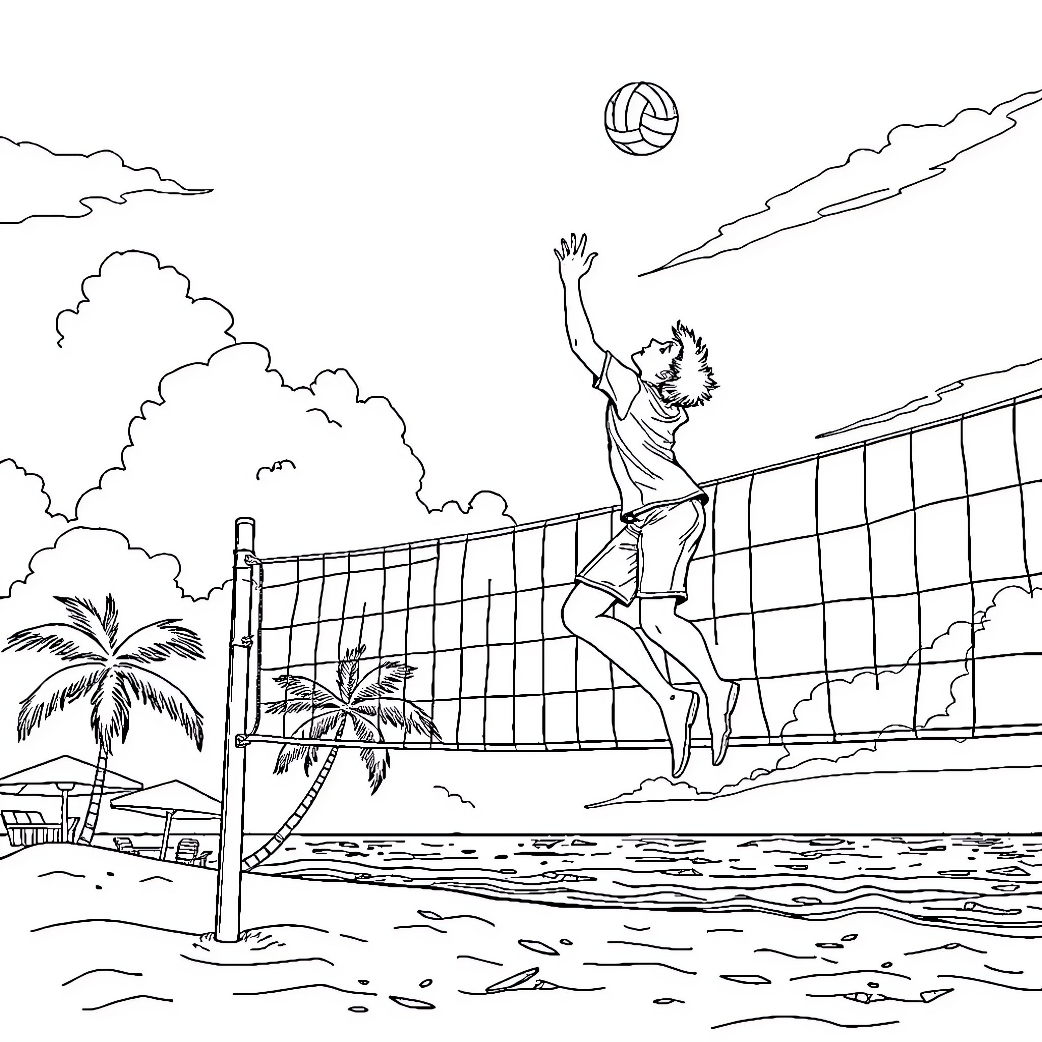 Teenager playing volleyball on the beach Coloring Page (free black-and-white line drawing printable PDF for all, from beginners to advanced learners, including children, teens, adults, and seniors)