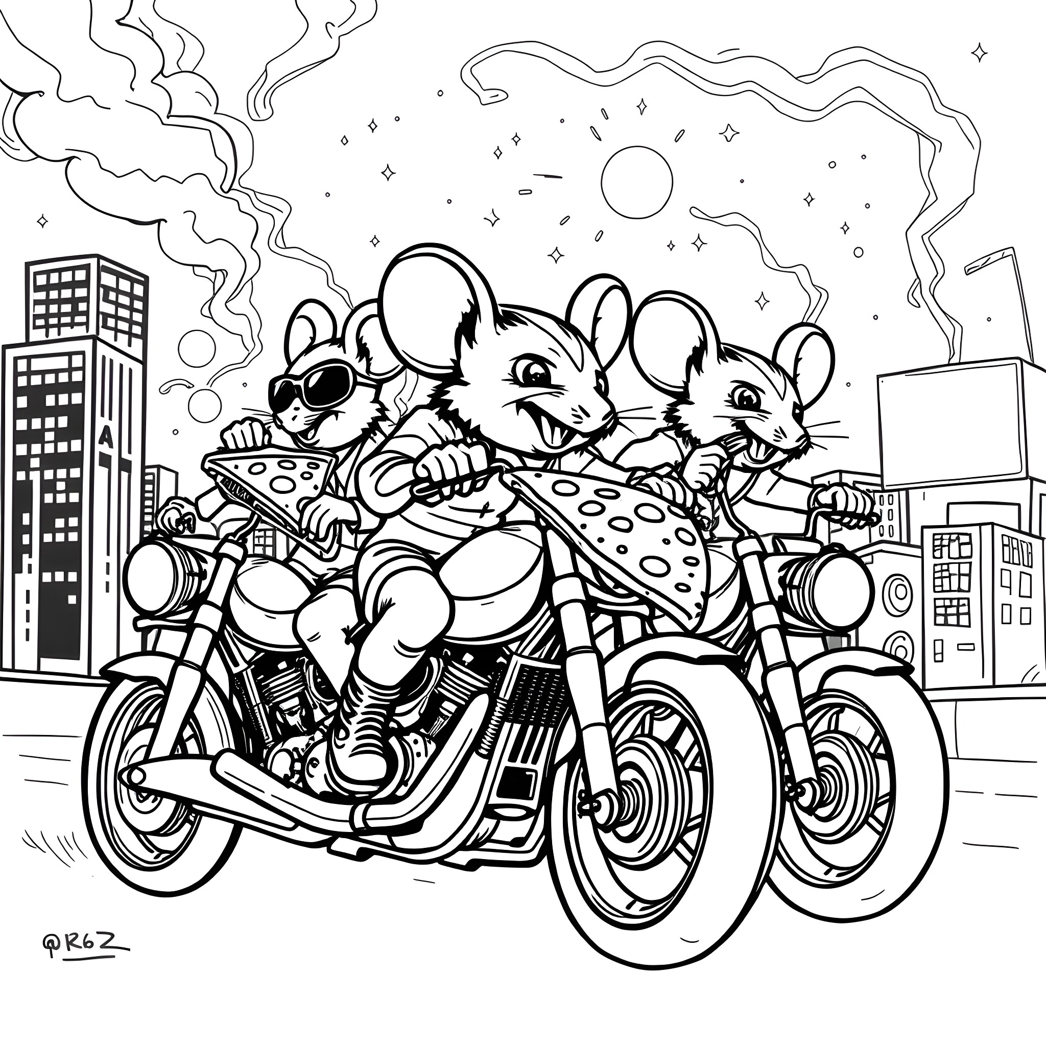Biker Mice Riding Motorcycles in the City Coloring Page (free black-and-white line drawing printable PDF for all, from beginners to advanced learners, including children, teens, adults, and seniors)