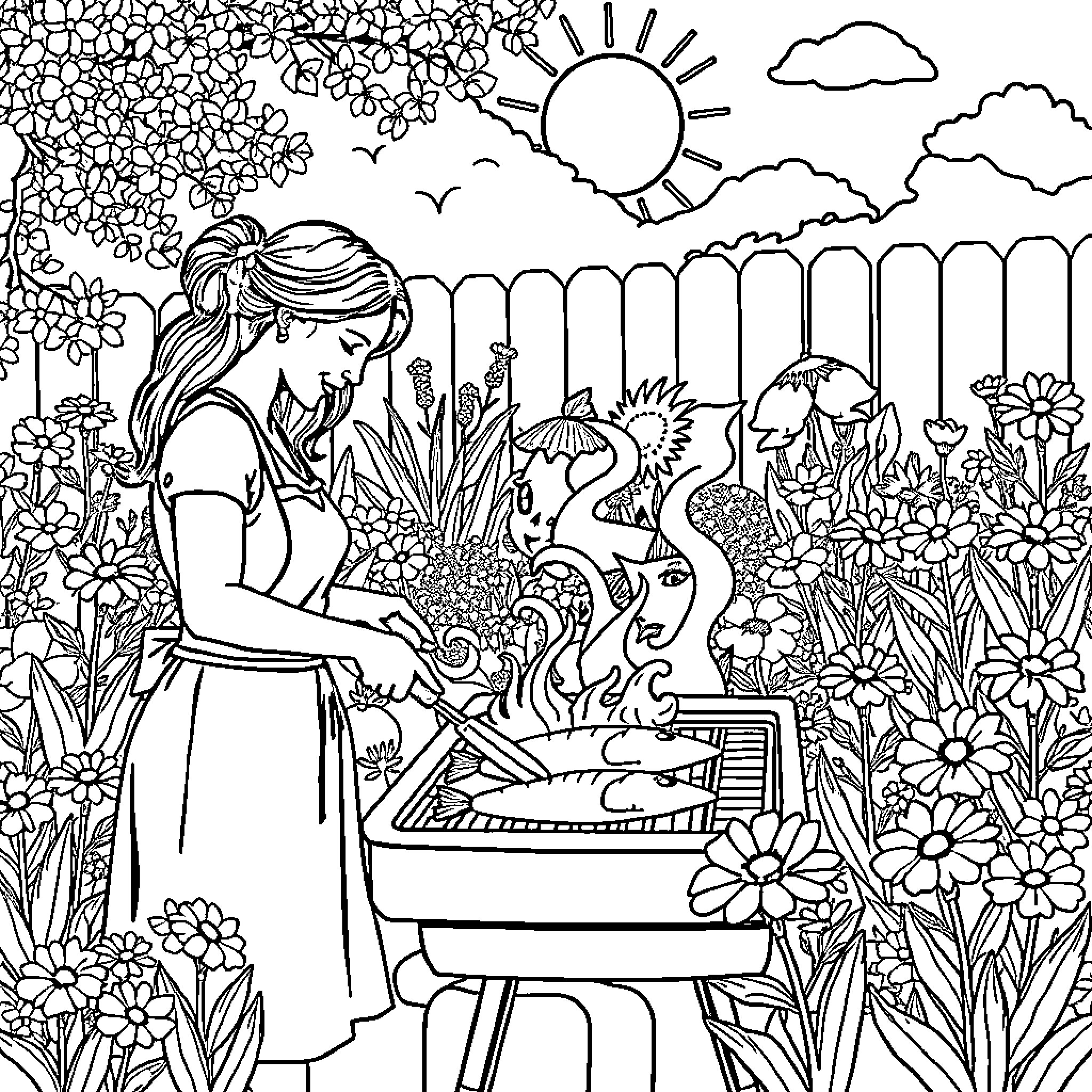 Woman gardening in a beautiful floral landscape Coloring Page (free black-and-white line drawing printable PDF for all, from beginners to advanced learners, including children, teens, adults, and seniors)