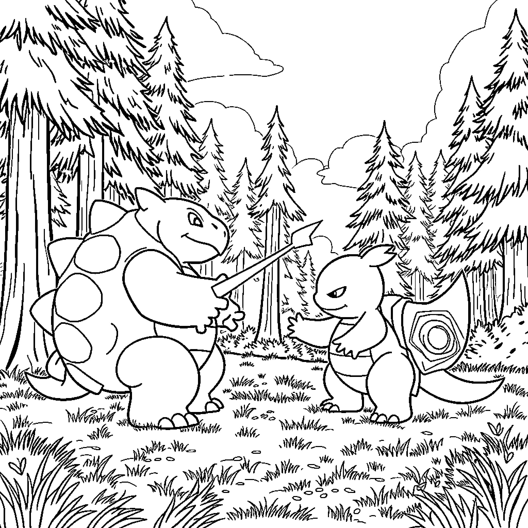 Blastoise and Squirtle in the forest Coloring Page (free black-and-white line drawing printable PDF for all, from beginners to advanced learners, including children, teens, adults, and seniors)