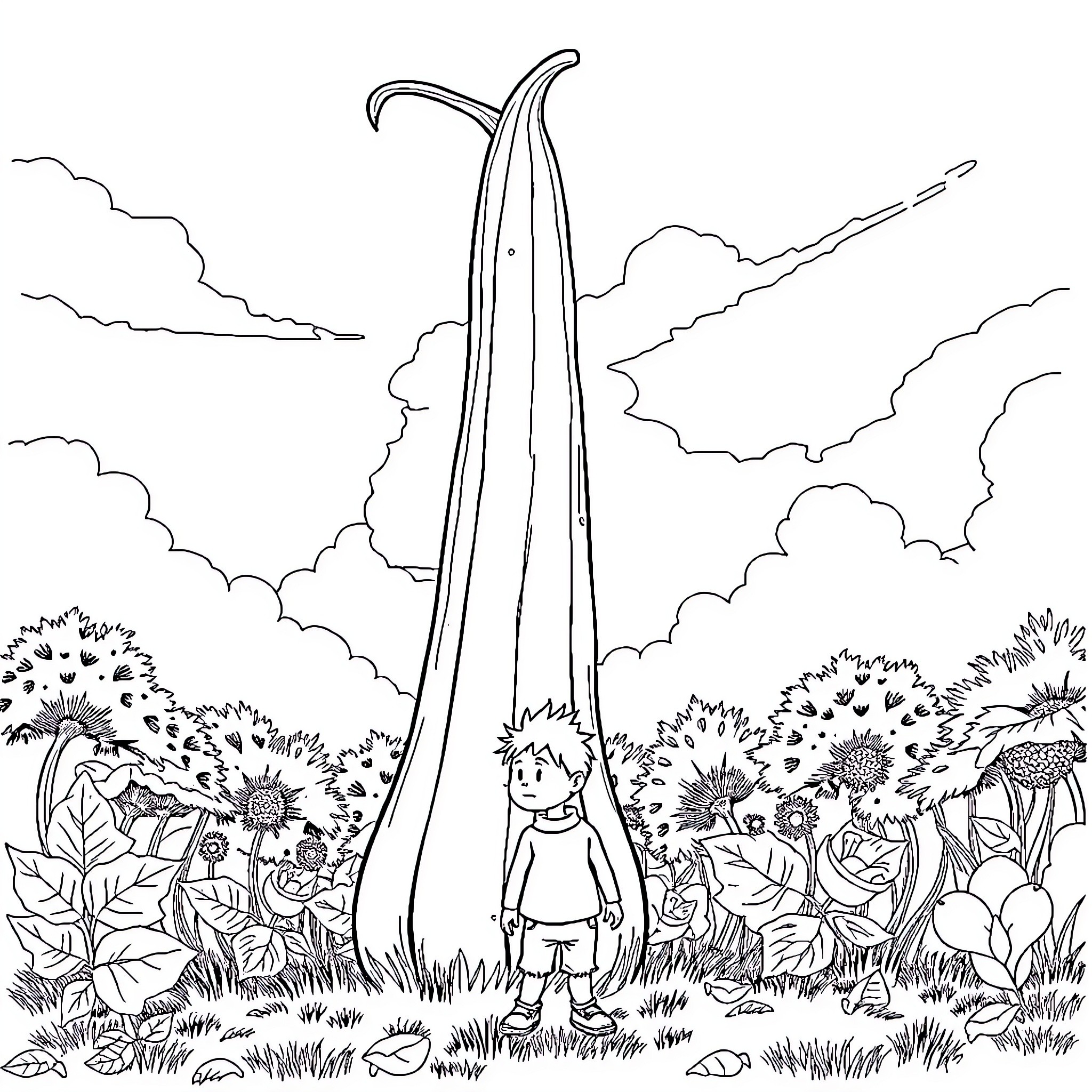 Jack exploring the enchanted forest with wondrous plants Coloring Page (free black-and-white line drawing printable PDF for all, from beginners to advanced learners, including children, teens, adults, and seniors)