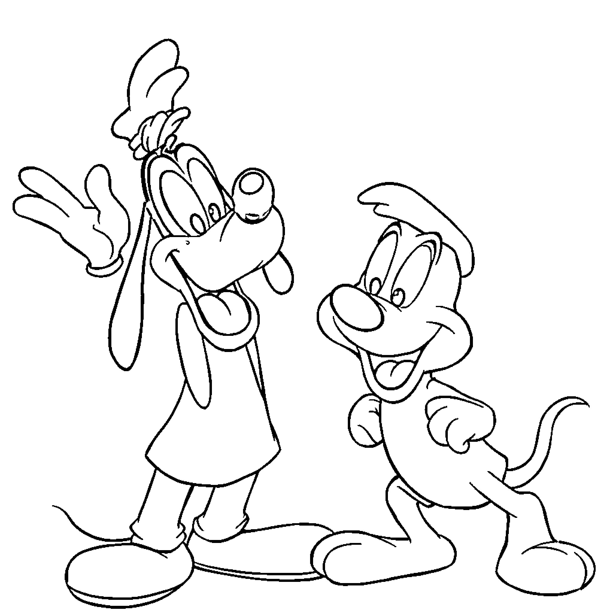 Goofy cartoon characters striking playful poses Coloring Page (free black-and-white line drawing printable PDF for all, from beginners to advanced learners, including children, teens, adults, and seniors)