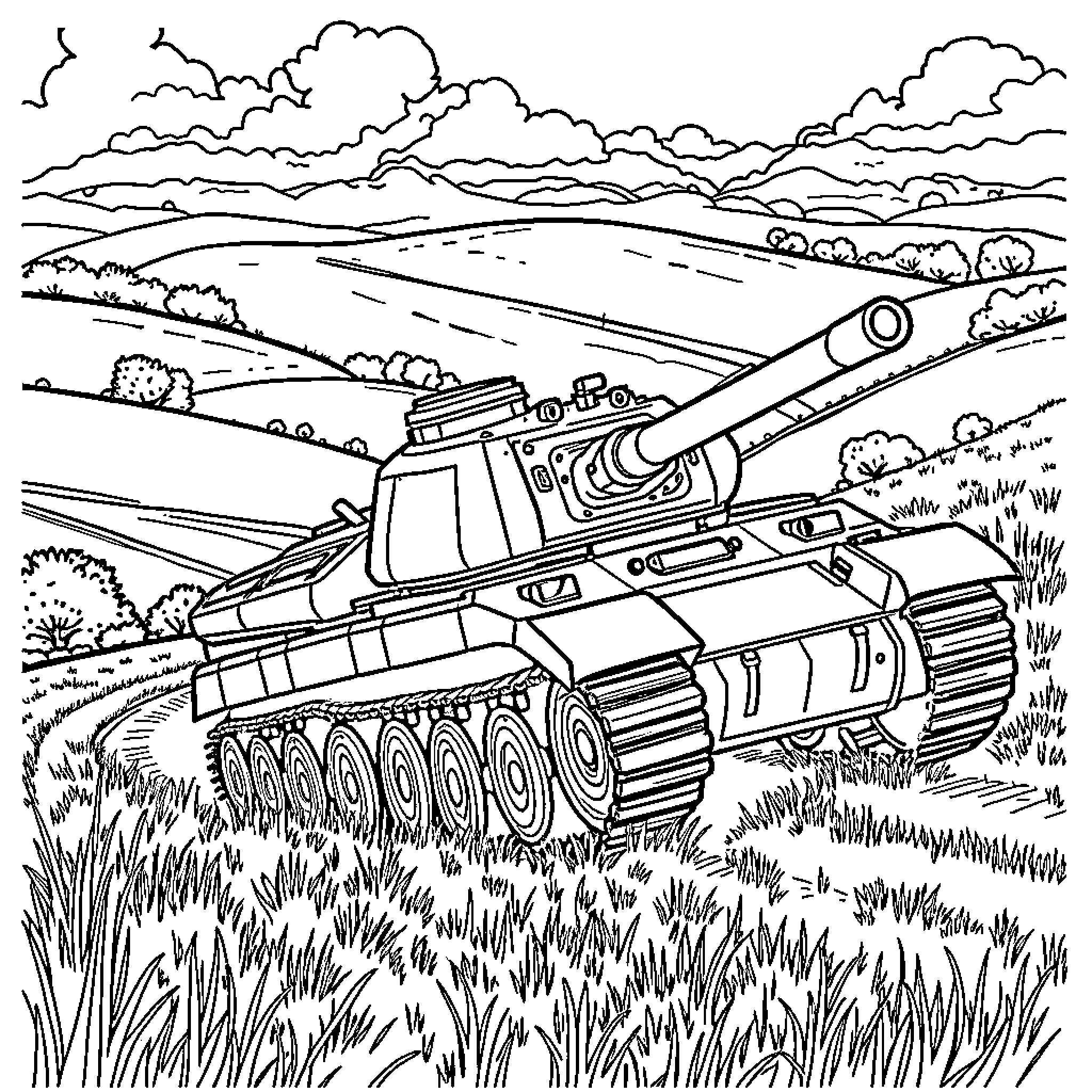Tank Traversing the Rugged Countryside Landscape Coloring Page (free black-and-white line drawing printable PDF for all, from beginners to advanced learners, including children, teens, adults, and seniors)