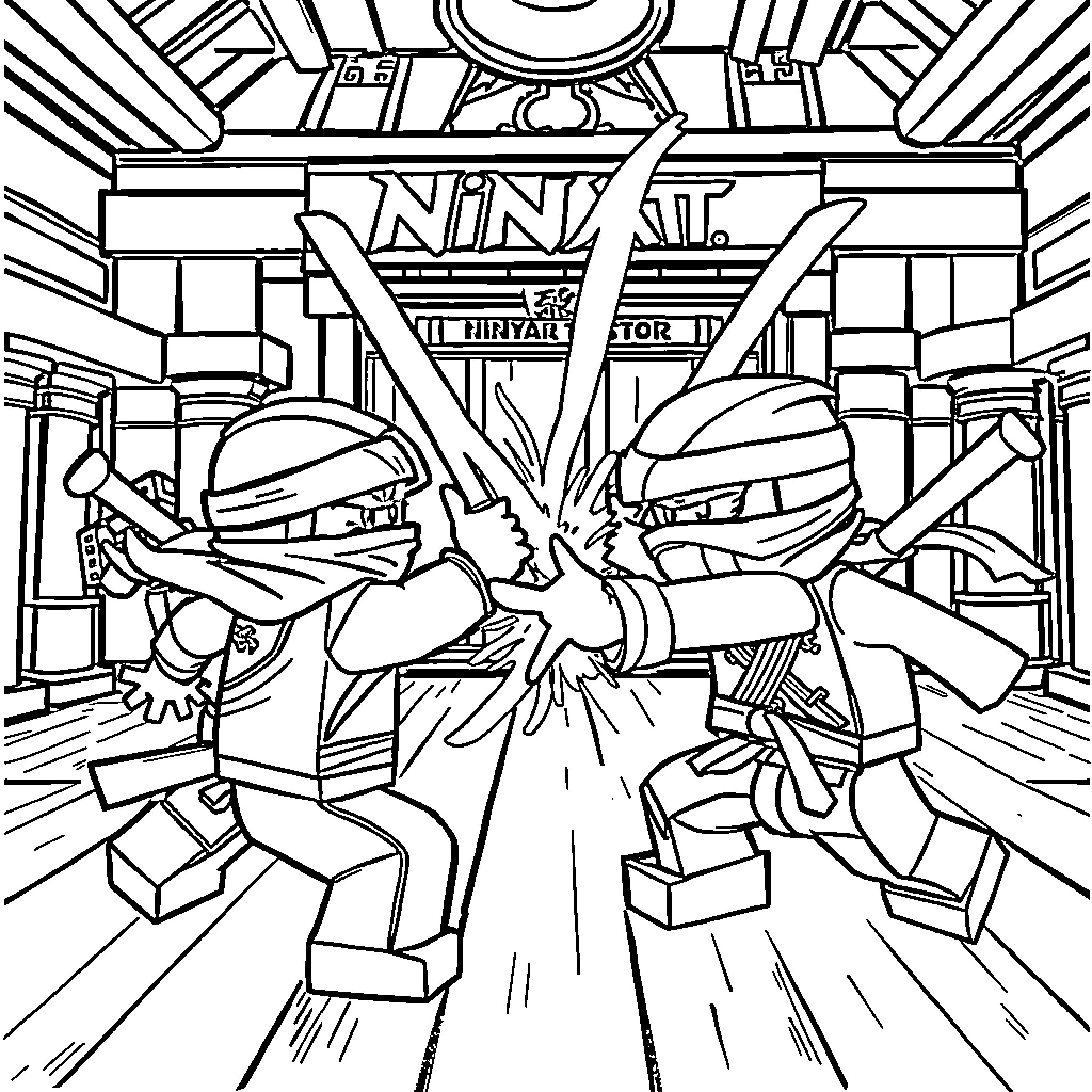 Ninjago characters engaged in intense battle Coloring Page (free black-and-white line drawing printable PDF for all, from beginners to advanced learners, including children, teens, adults, and seniors)