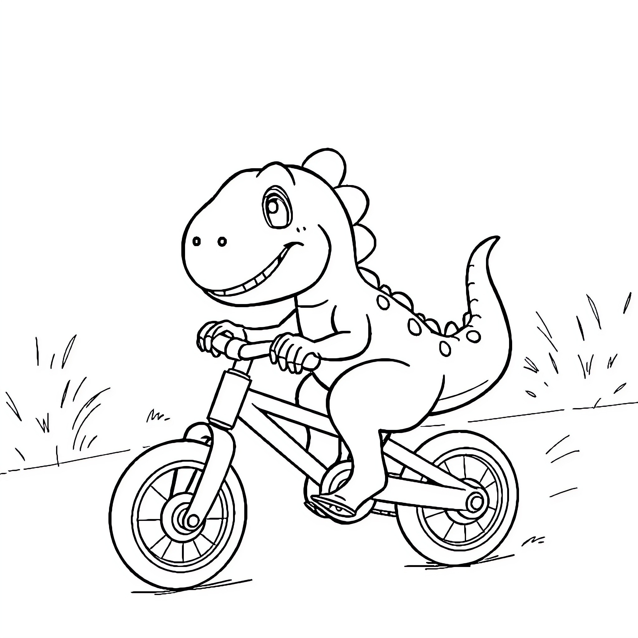 Dinosaur riding a bicycle in the park Coloring Page (free black-and-white line drawing printable PDF for all, from beginners to advanced learners, including children, teens, adults, and seniors)