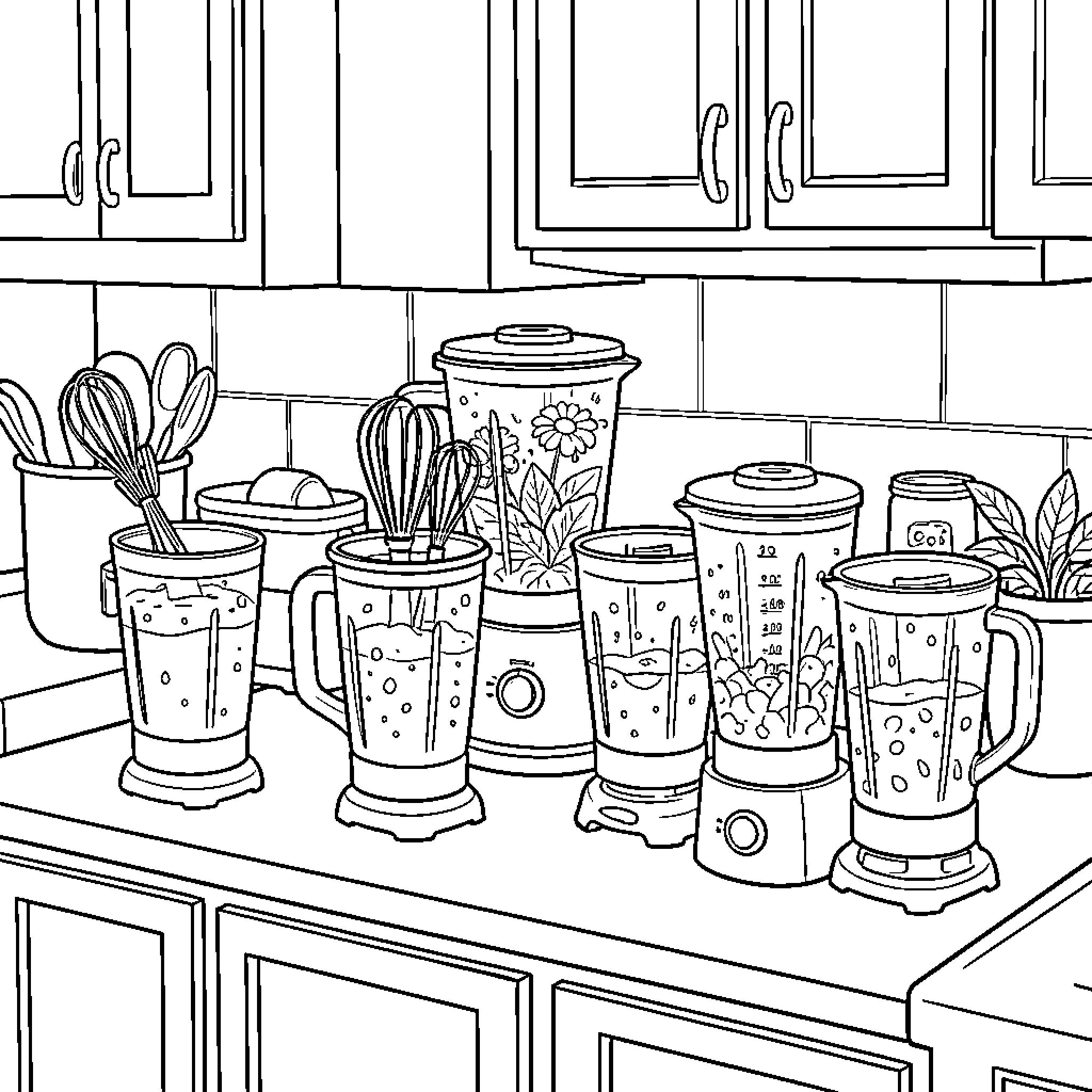 Blender appliances and kitchen utensils in modern kitchen Coloring Page (free black-and-white line drawing printable PDF for all, from beginners to advanced learners, including children, teens, adults, and seniors)