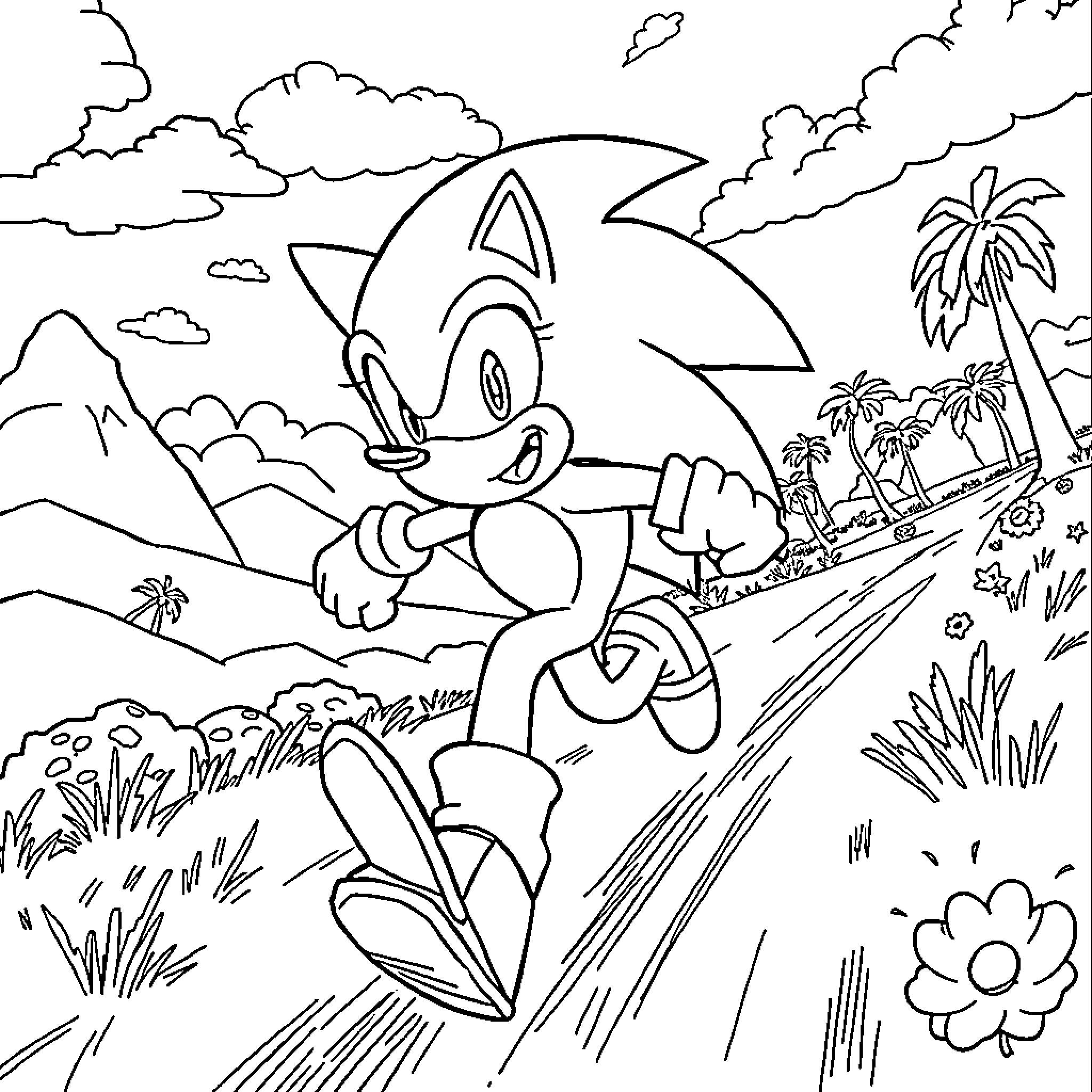 Sonic enjoying tropical adventure in the wild Coloring Page (free black-and-white line drawing printable PDF for all, from beginners to advanced learners, including children, teens, adults, and seniors)