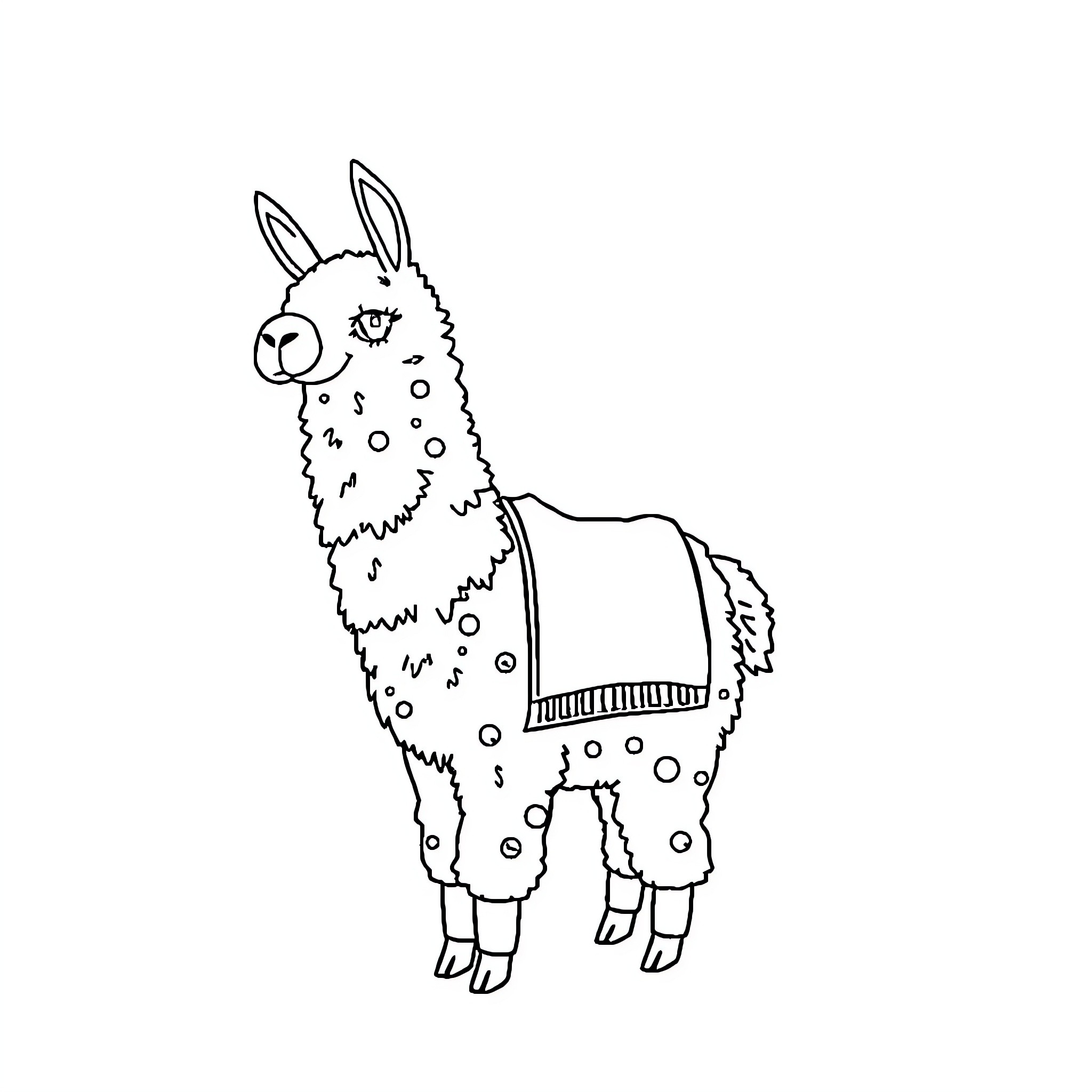 Llama standing with an inquisitive expression Coloring Page (free black-and-white line drawing printable PDF for all, from beginners to advanced learners, including children, teens, adults, and seniors)