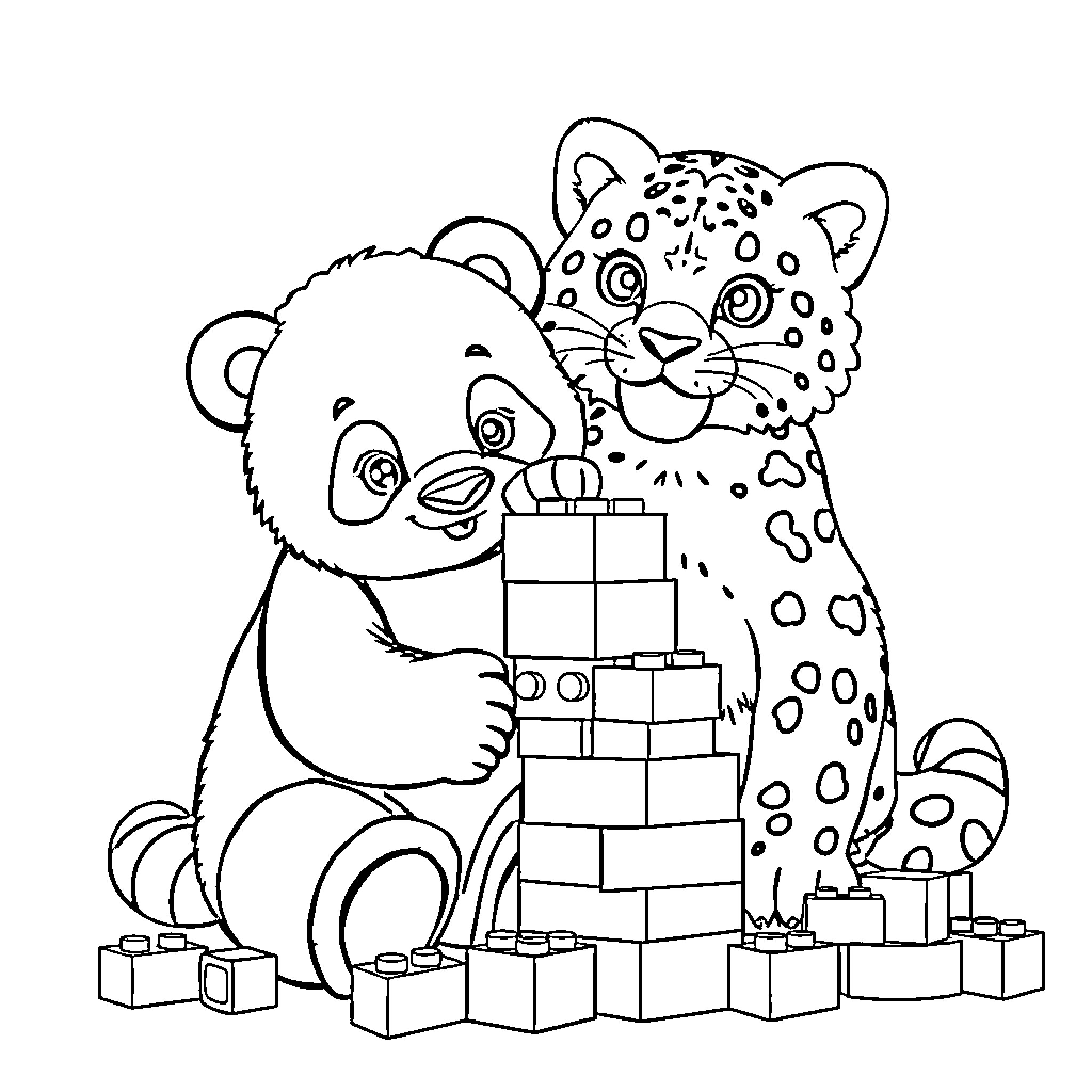 Panda and Leopard Playing with Blocks Coloring Page (free black-and-white line drawing printable PDF for all, from beginners to advanced learners, including children, teens, adults, and seniors)