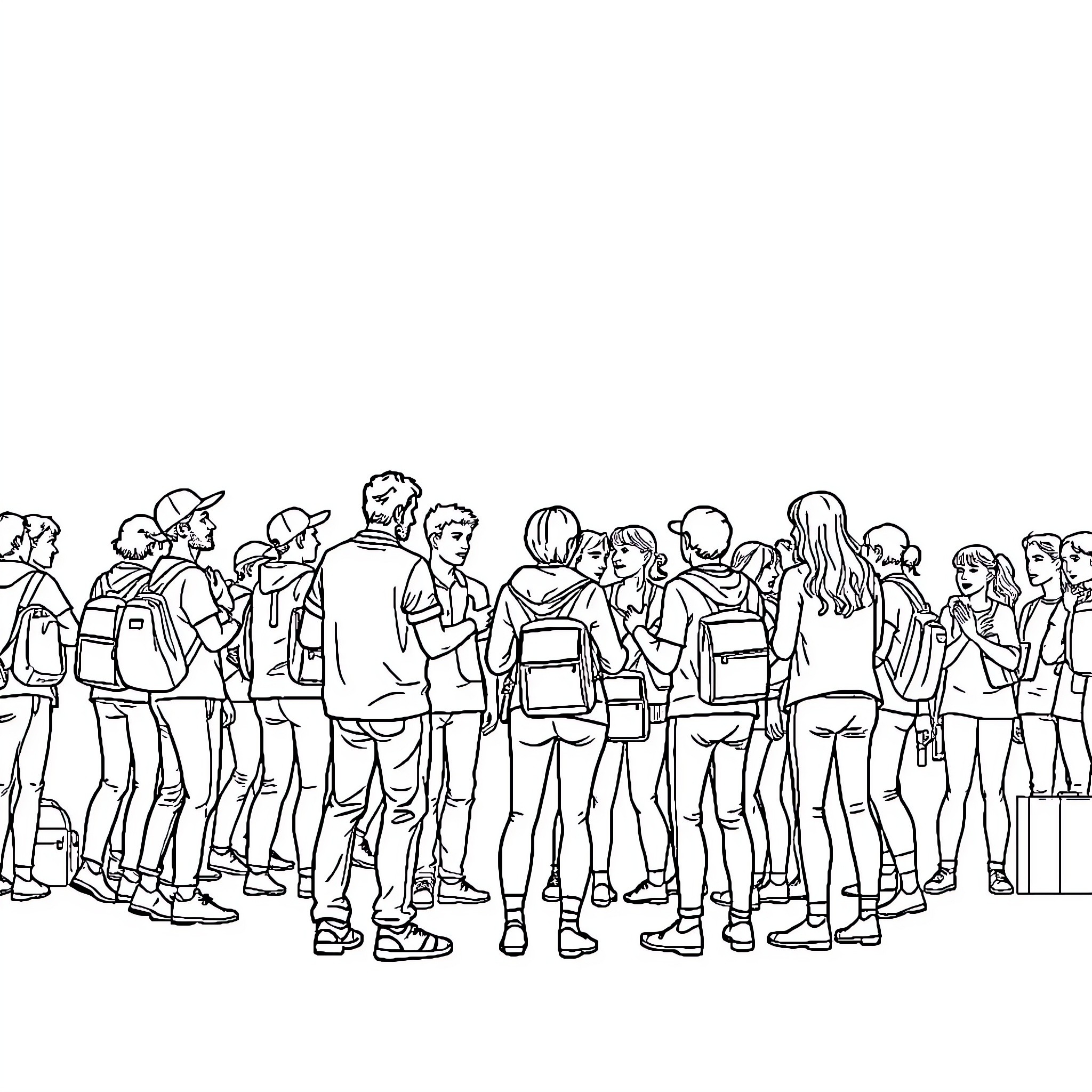 Gang of students standing together in school Coloring Page (free black-and-white line drawing printable PDF for all, from beginners to advanced learners, including children, teens, adults, and seniors)