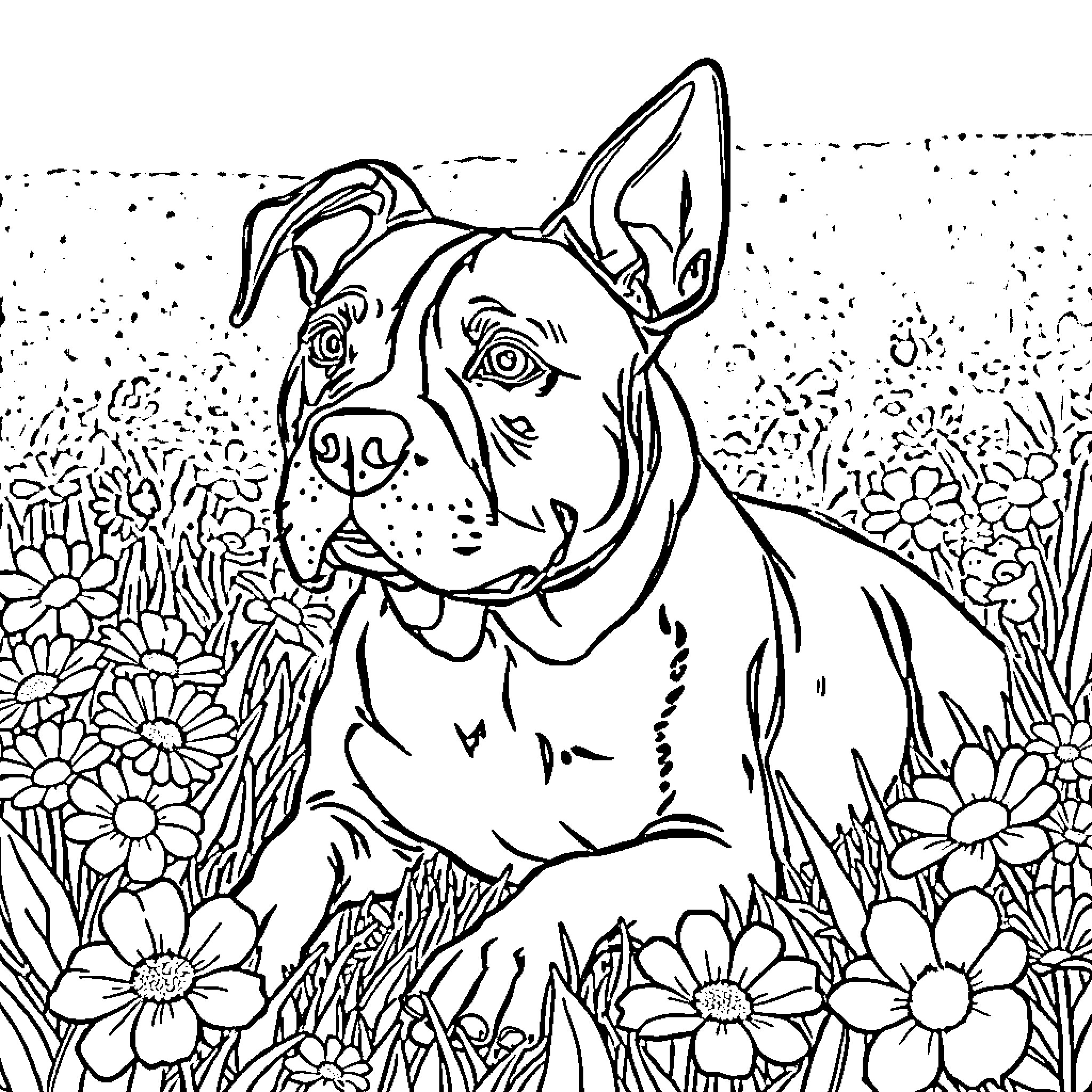 Pitbull relaxing amidst blooming flowers Coloring Page (free black-and-white line drawing printable PDF for all, from beginners to advanced learners, including children, teens, adults, and seniors)