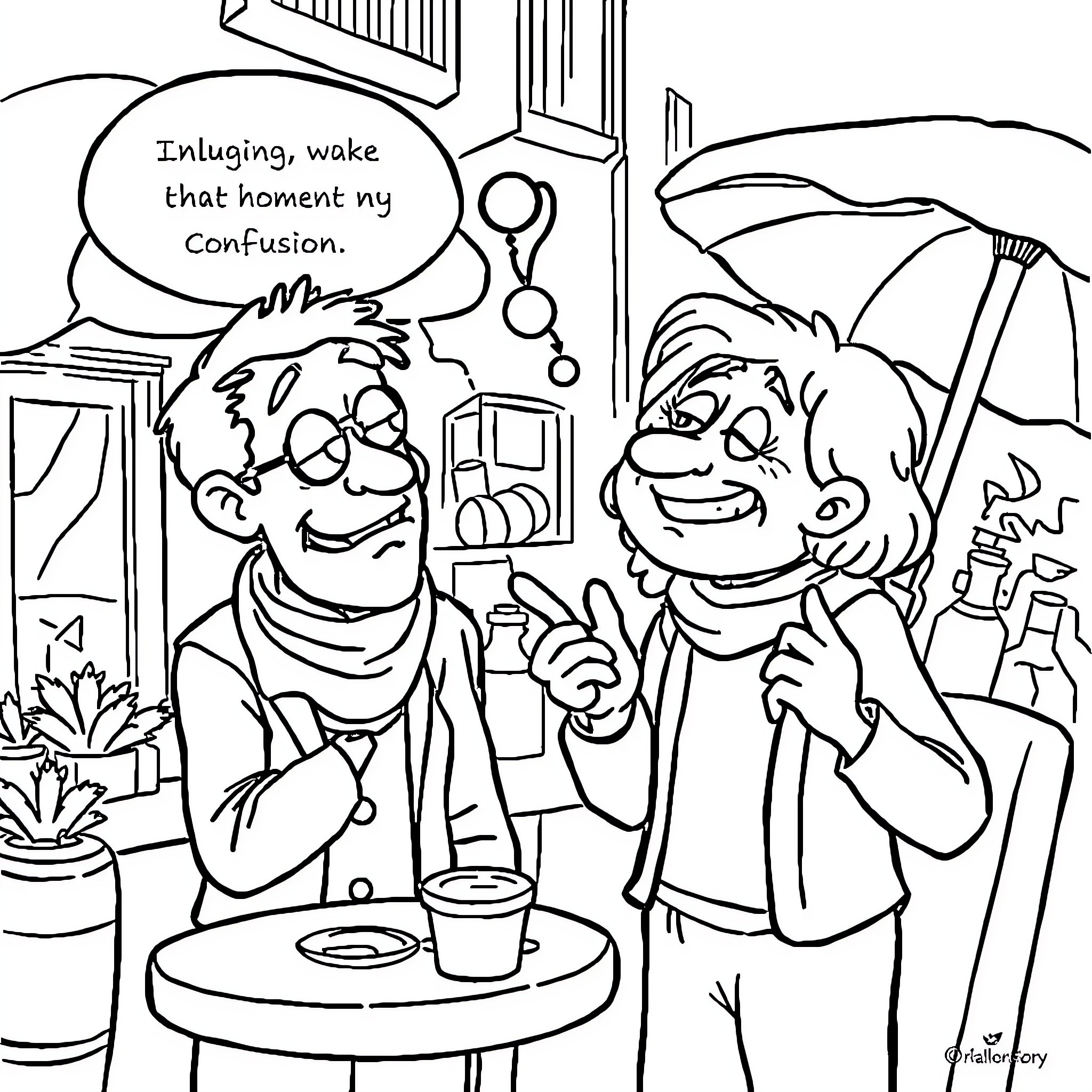 Italian Brainrot: Amusing Conversation on a Rainy Day Coloring Page (free black-and-white line drawing printable PDF for all, from beginners to advanced learners, including children, teens, adults, and seniors)