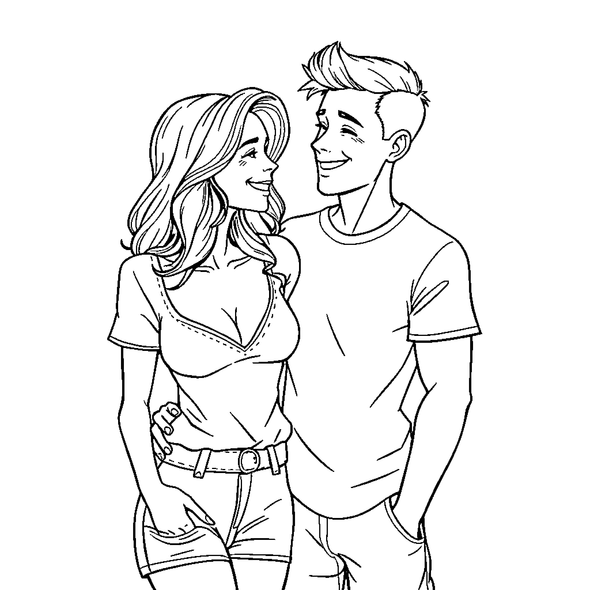 Couple smiling and standing close together Coloring Page (free black-and-white line drawing printable PDF for all, from beginners to advanced learners, including children, teens, adults, and seniors)