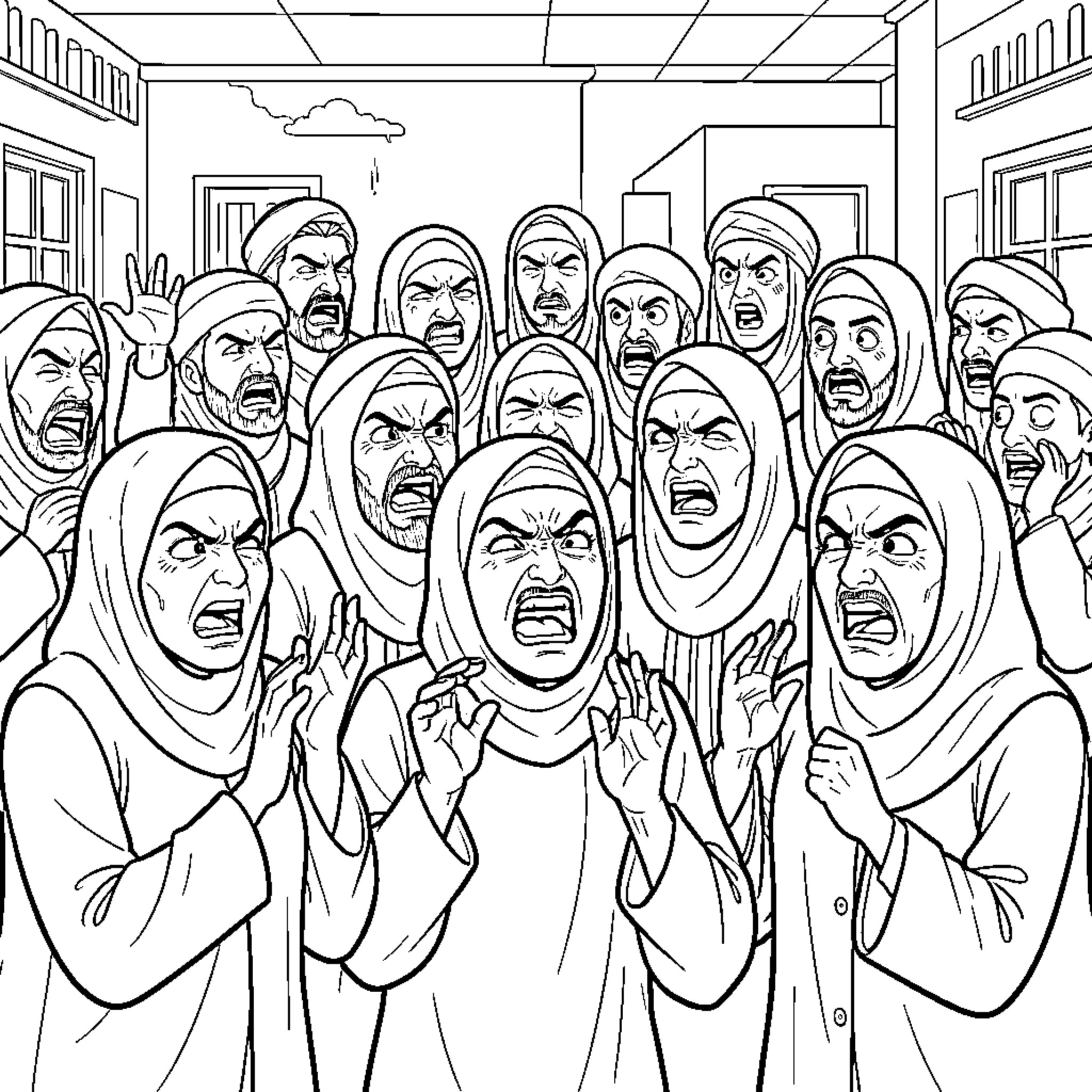 Muslim Crowd Expressing Strong Emotions Coloring Page (free black-and-white line drawing printable PDF for all, from beginners to advanced learners, including children, teens, adults, and seniors)