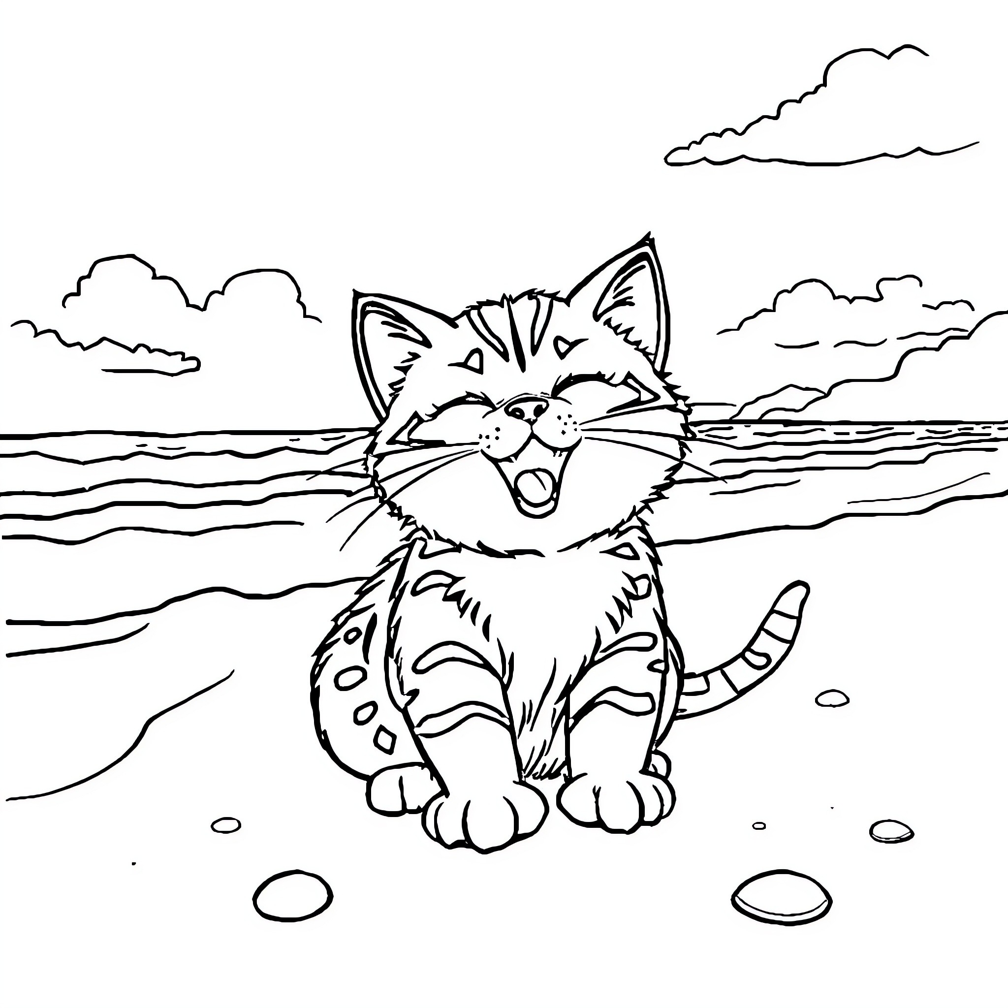 Cat enjoying the beach scenery Coloring Page (free black-and-white line drawing printable PDF for all, from beginners to advanced learners, including children, teens, adults, and seniors)