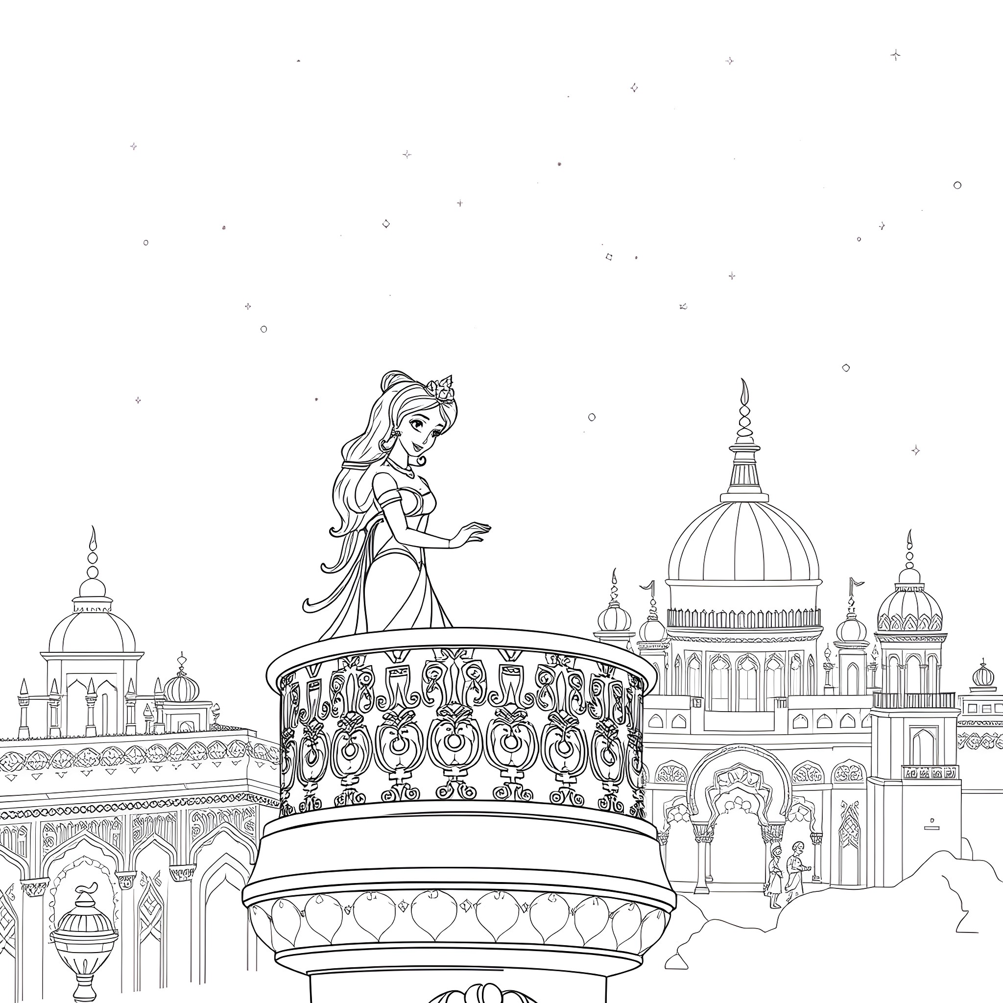 Jasmine enjoying the sights of a vibrant city Coloring Page (free black-and-white line drawing printable PDF for all, from beginners to advanced learners, including children, teens, adults, and seniors)