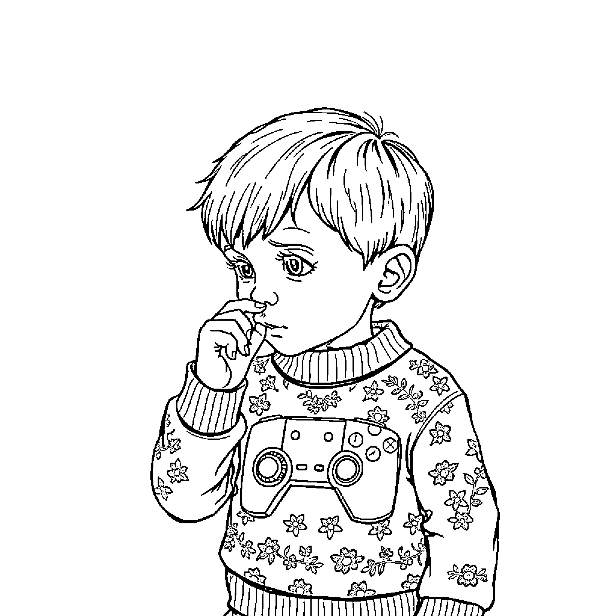 Boy in Flower Sweater Pondering Thoughtfully Coloring Page (free black-and-white line drawing printable PDF for all, from beginners to advanced learners, including children, teens, adults, and seniors)