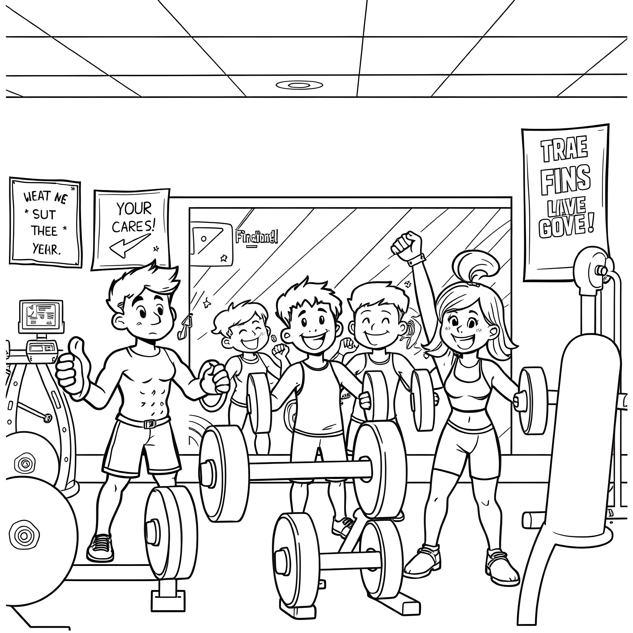 Character group exercising in the gym Coloring Page (free black-and-white line drawing printable PDF for all, from beginners to advanced learners, including children, teens, adults, and seniors)