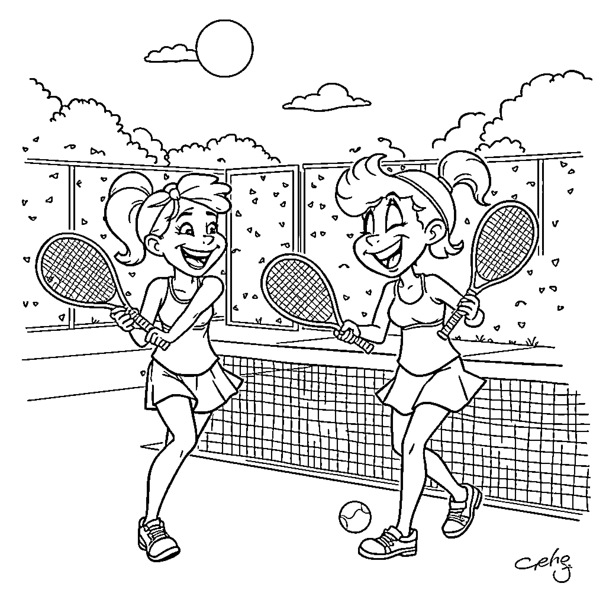 Tennis players enjoying a friendly match on the court Coloring Page (free black-and-white line drawing printable PDF for all, from beginners to advanced learners, including children, teens, adults, and seniors)