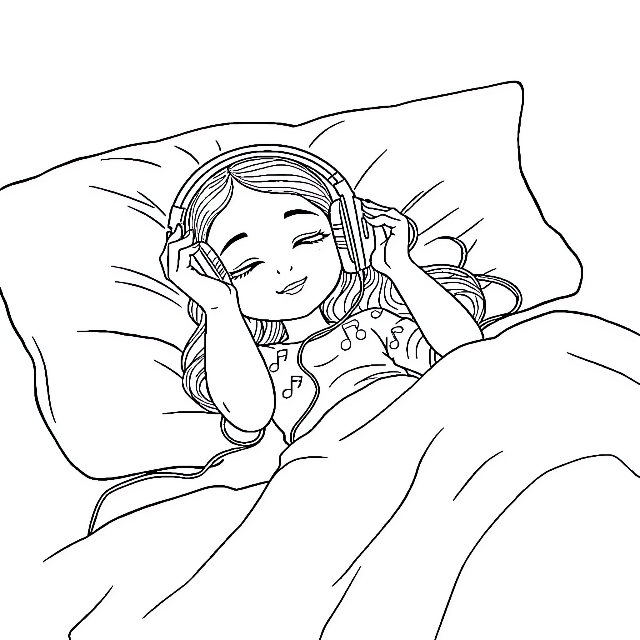 Girl resting peacefully while listening to music Coloring Page (free black-and-white line drawing printable PDF for all, from beginners to advanced learners, including children, teens, adults, and seniors)