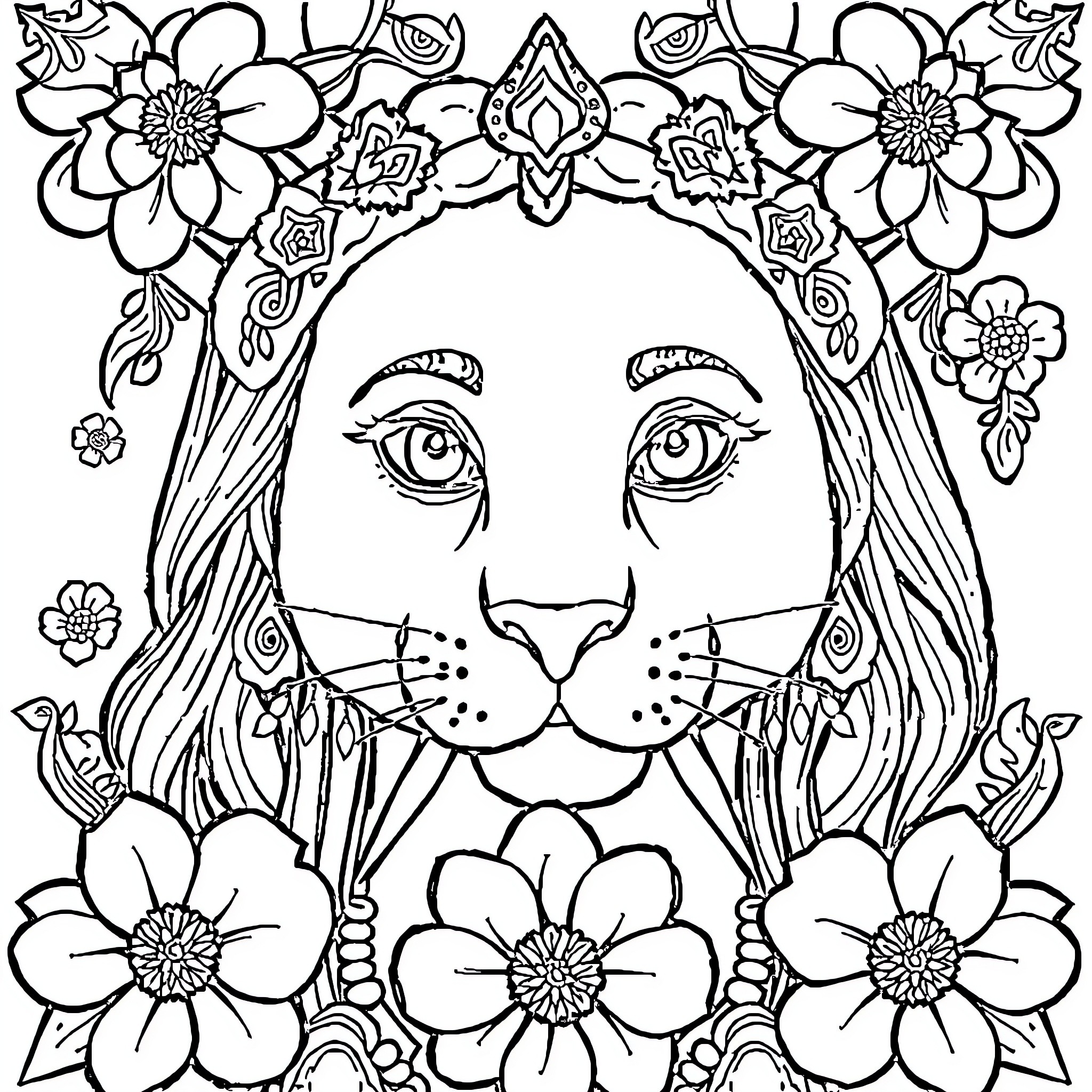 Spider-Man Surrounded by Whimsical Floral Designs Coloring Page (free black-and-white line drawing printable PDF for all, from beginners to advanced learners, including children, teens, adults, and seniors)