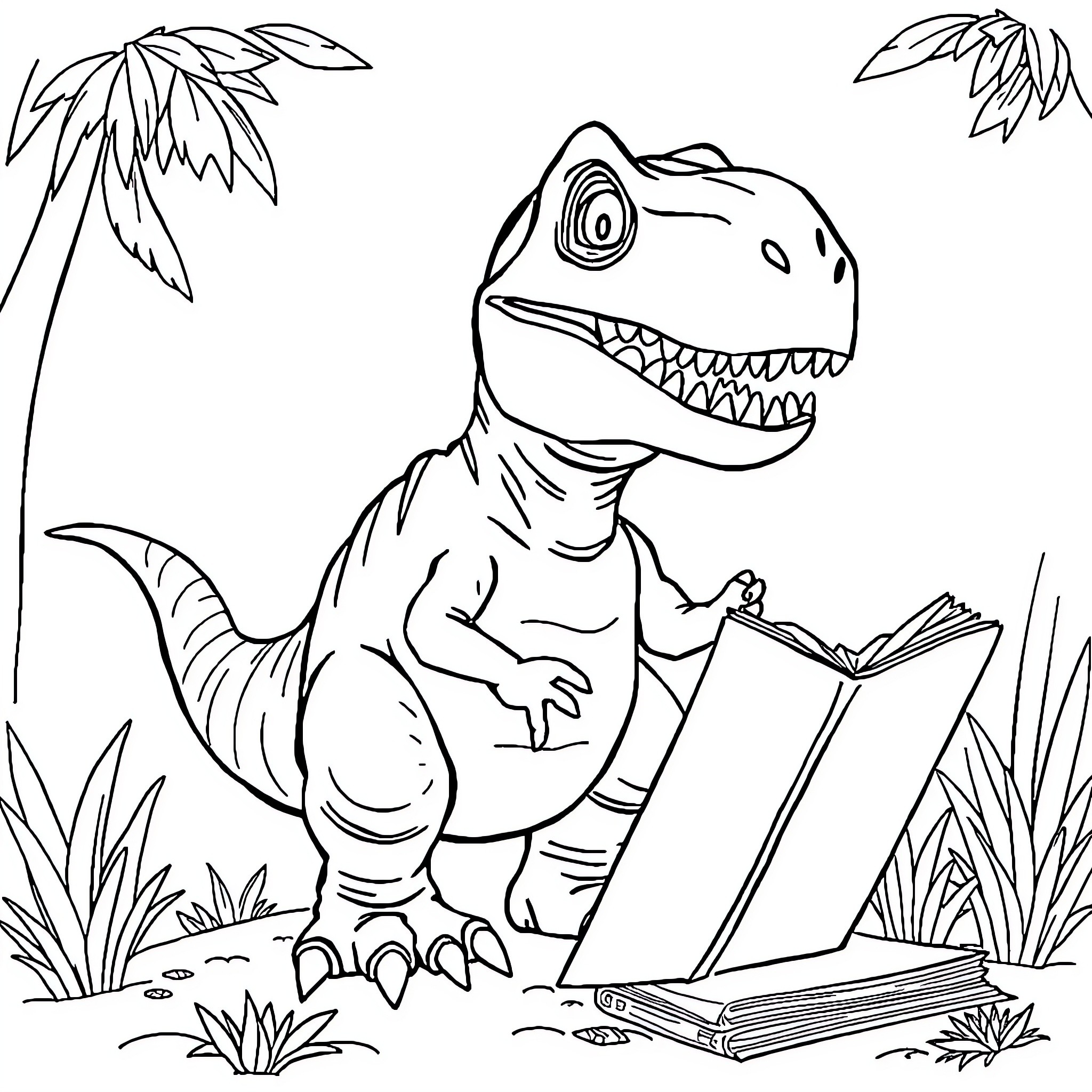 T-Rex reading a book in the jungle Coloring Page (free black-and-white line drawing printable PDF for all, from beginners to advanced learners, including children, teens, adults, and seniors)