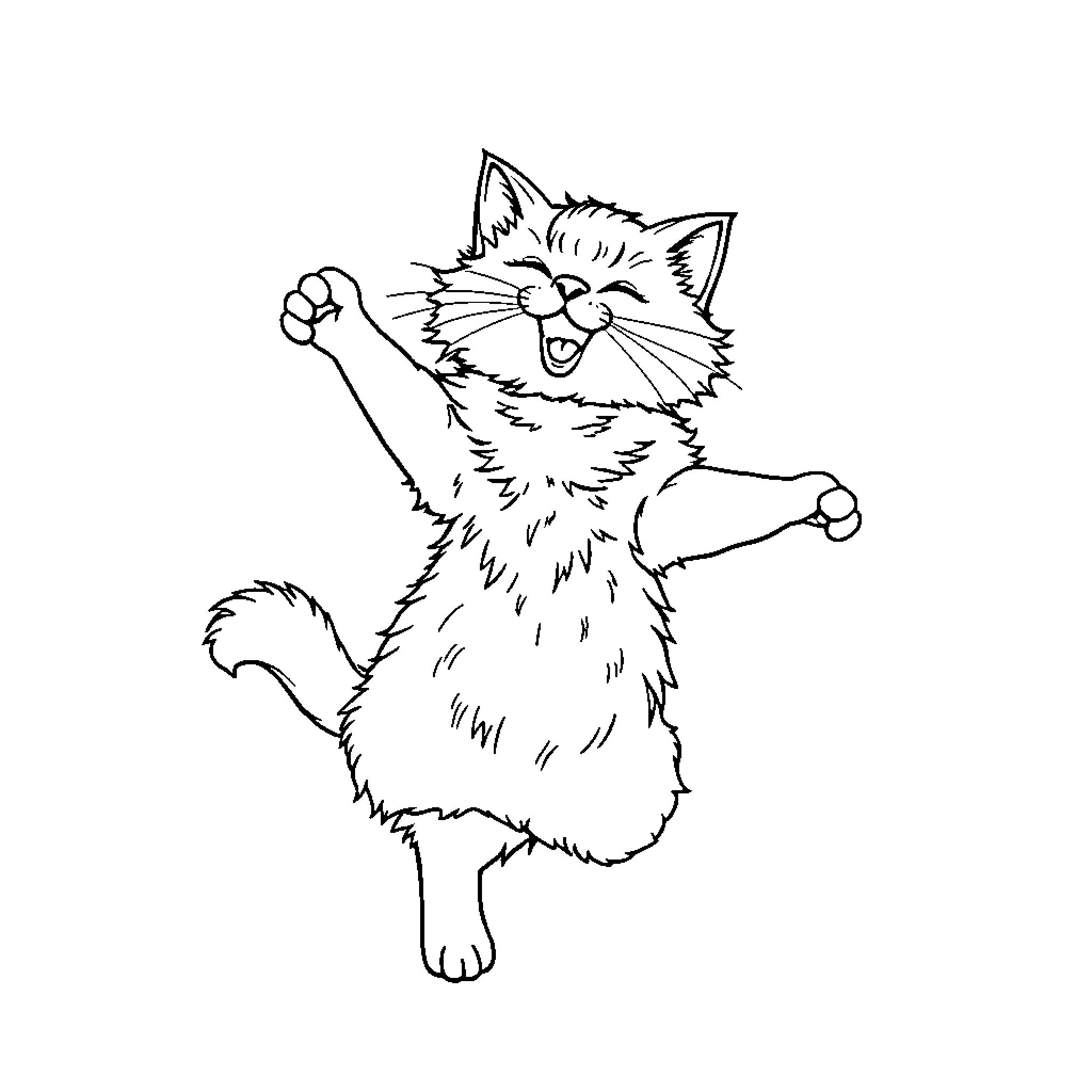 Cat playing happily Coloring Page (free black-and-white line drawing printable PDF for all, from beginners to advanced learners, including children, teens, adults, and seniors)