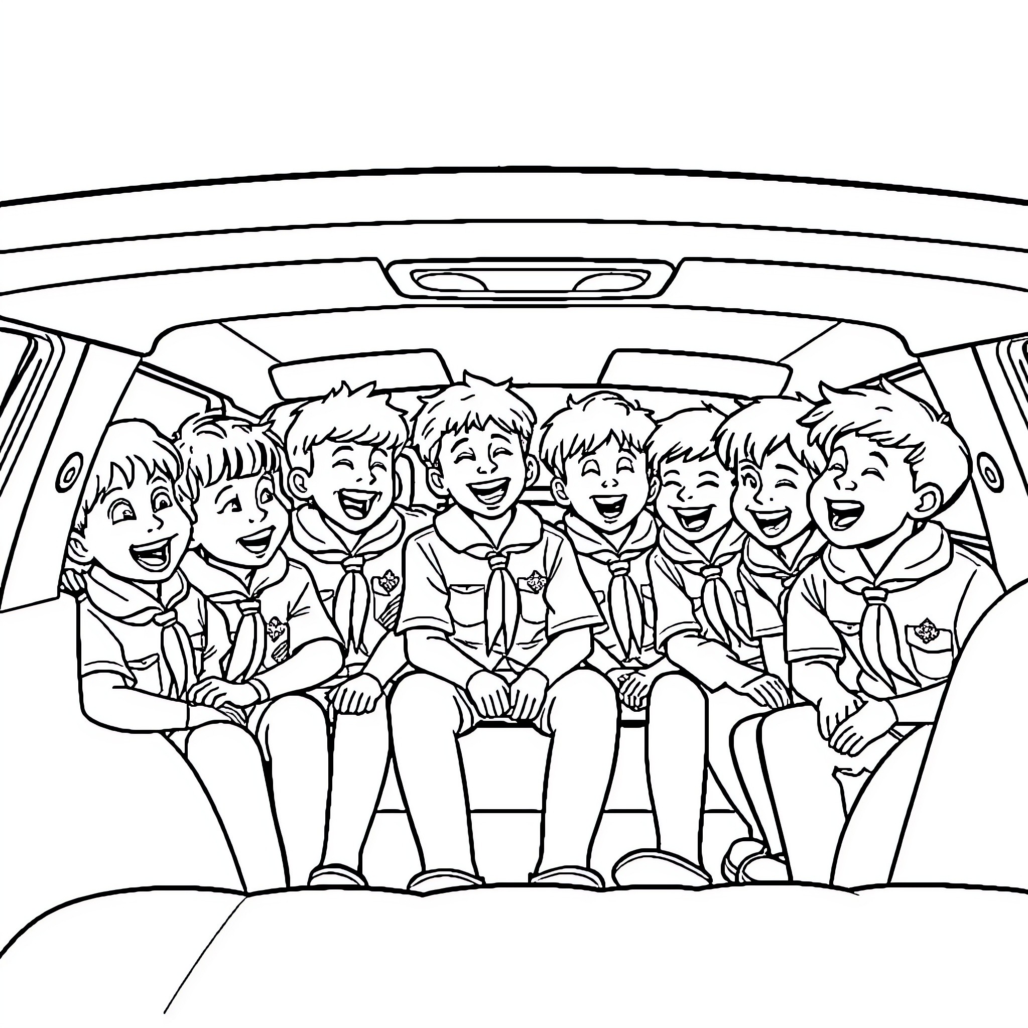 Cub Scouts enjoying a group outing in a van Coloring Page (free black-and-white line drawing printable PDF for all, from beginners to advanced learners, including children, teens, adults, and seniors)