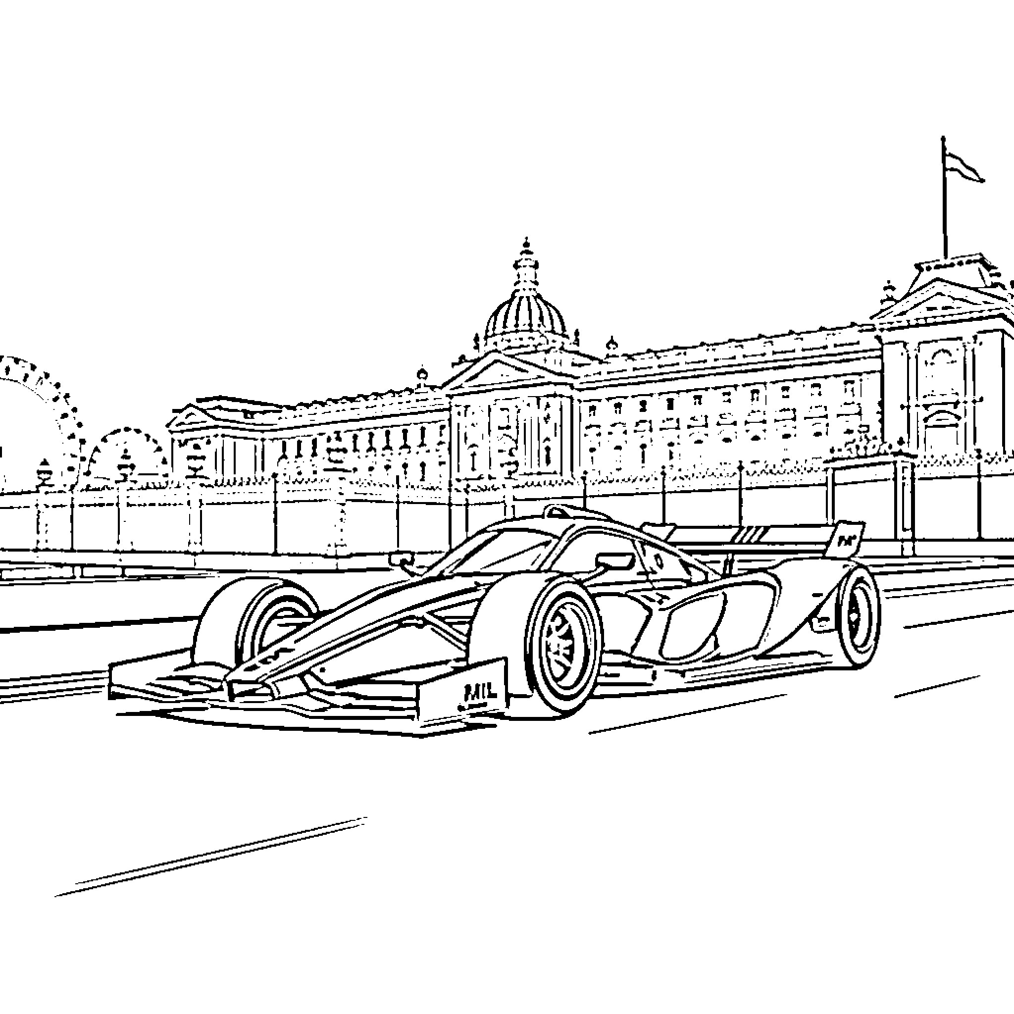 McLaren Formula 1 car driving through city streets Coloring Page (free black-and-white line drawing printable PDF for all, from beginners to advanced learners, including children, teens, adults, and seniors)