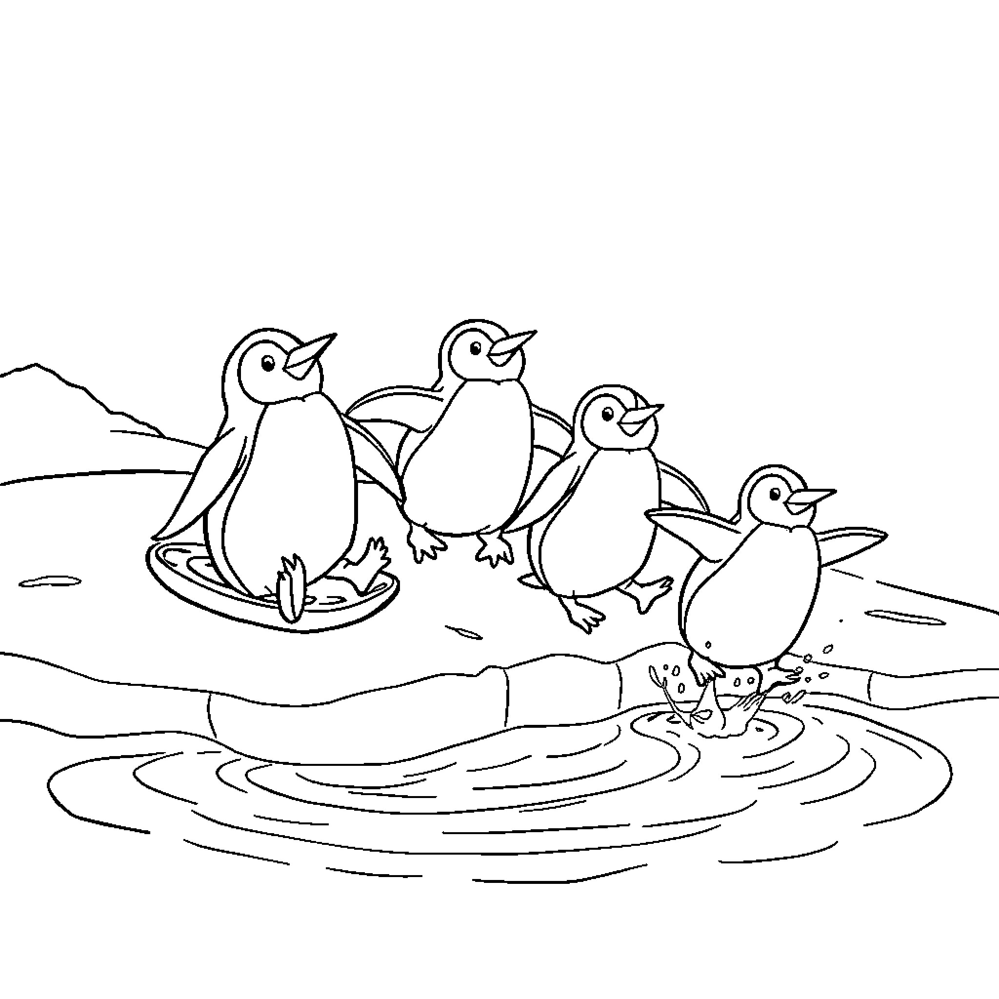Penguin Family Enjoying a Pond Adventure Coloring Page (free black-and-white line drawing printable PDF for all, from beginners to advanced learners, including children, teens, adults, and seniors)