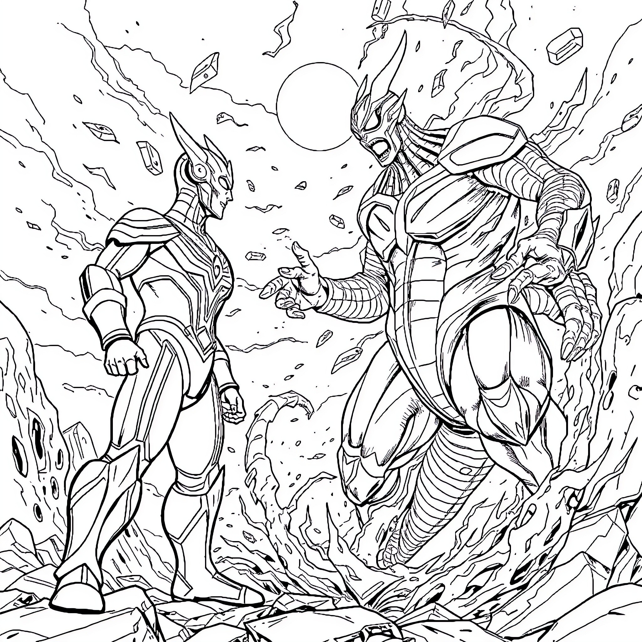 Ultraman fighting fierce battle against monstrous foe Coloring Page (free black-and-white line drawing printable PDF for all, from beginners to advanced learners, including children, teens, adults, and seniors)