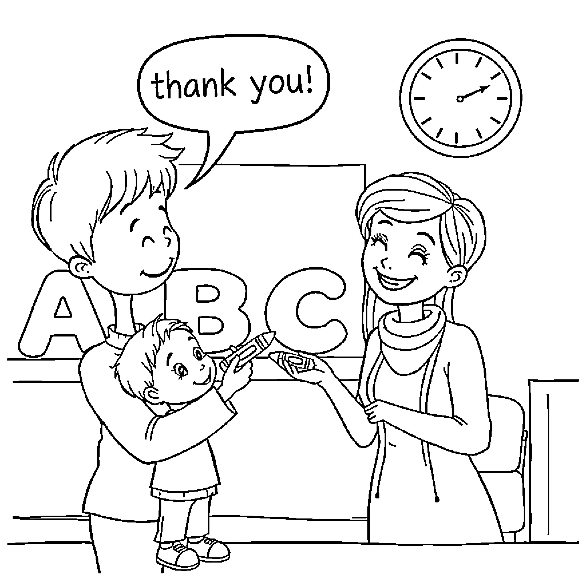 Child thanking teacher in classroom Coloring Page (free black-and-white line drawing printable PDF for all, from beginners to advanced learners, including children, teens, adults, and seniors)