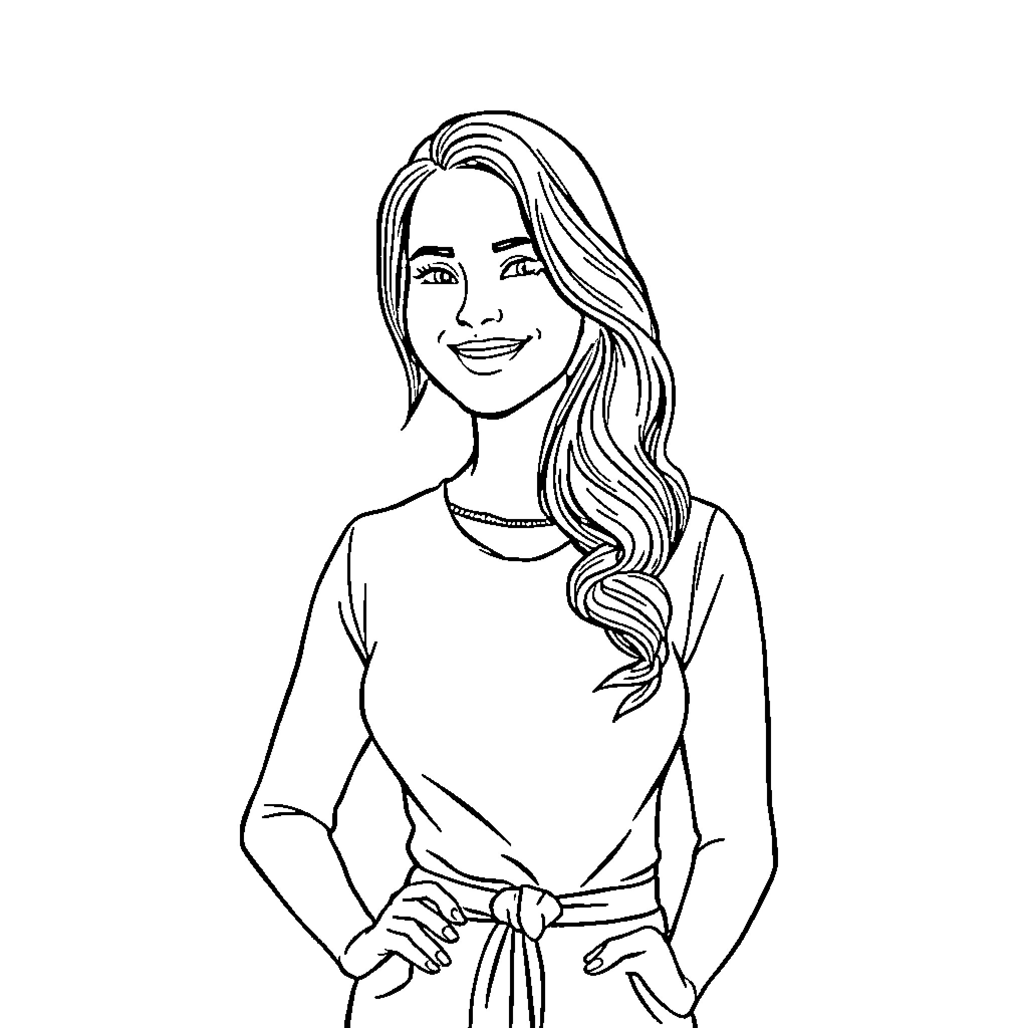 Ethelyn's Warm Smile and Flowing Locks Coloring Page (free black-and-white line drawing printable PDF for all, from beginners to advanced learners, including children, teens, adults, and seniors)