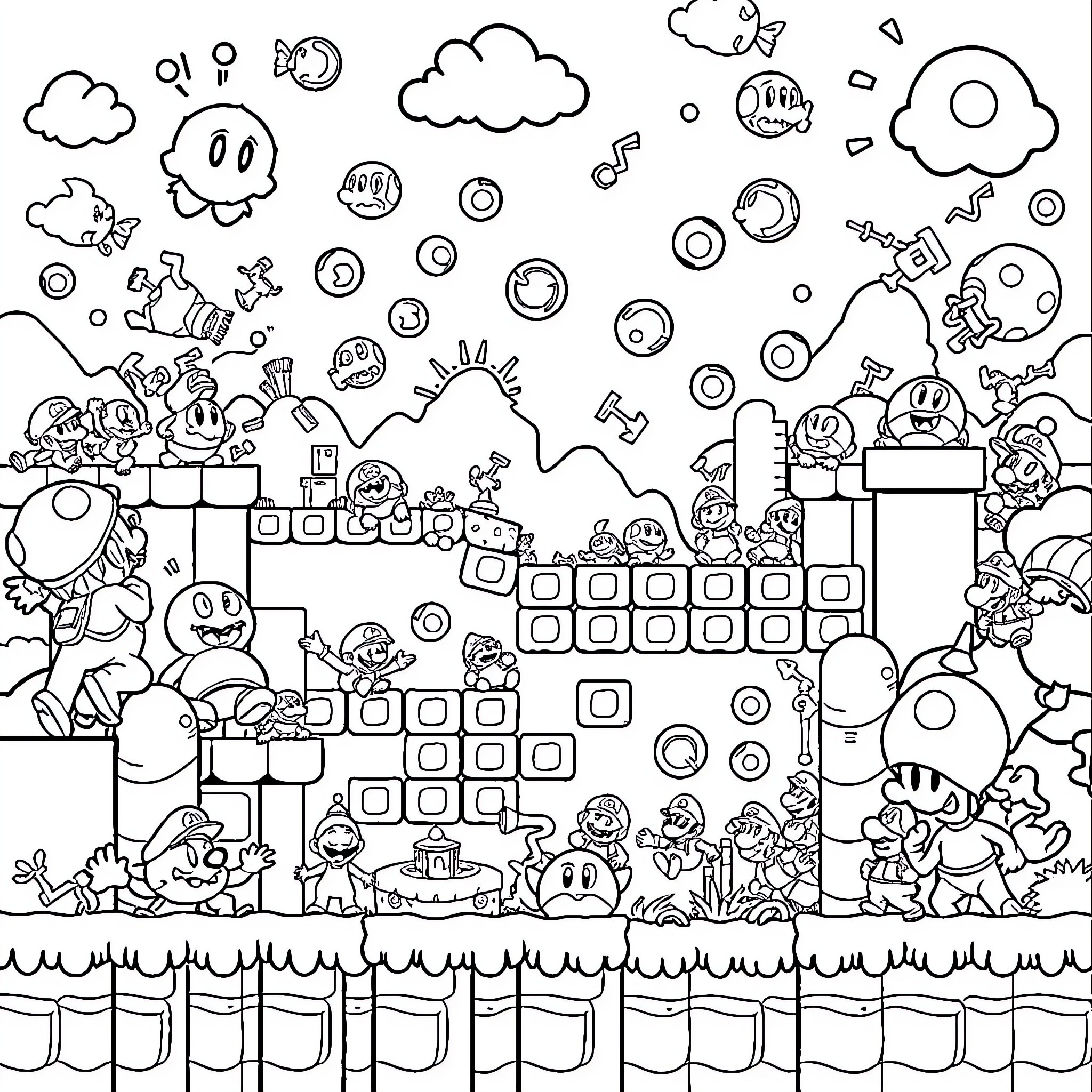 Mario's Whimsical World of Playful Characters Coloring Page (free black-and-white line drawing printable PDF for all, from beginners to advanced learners, including children, teens, adults, and seniors)