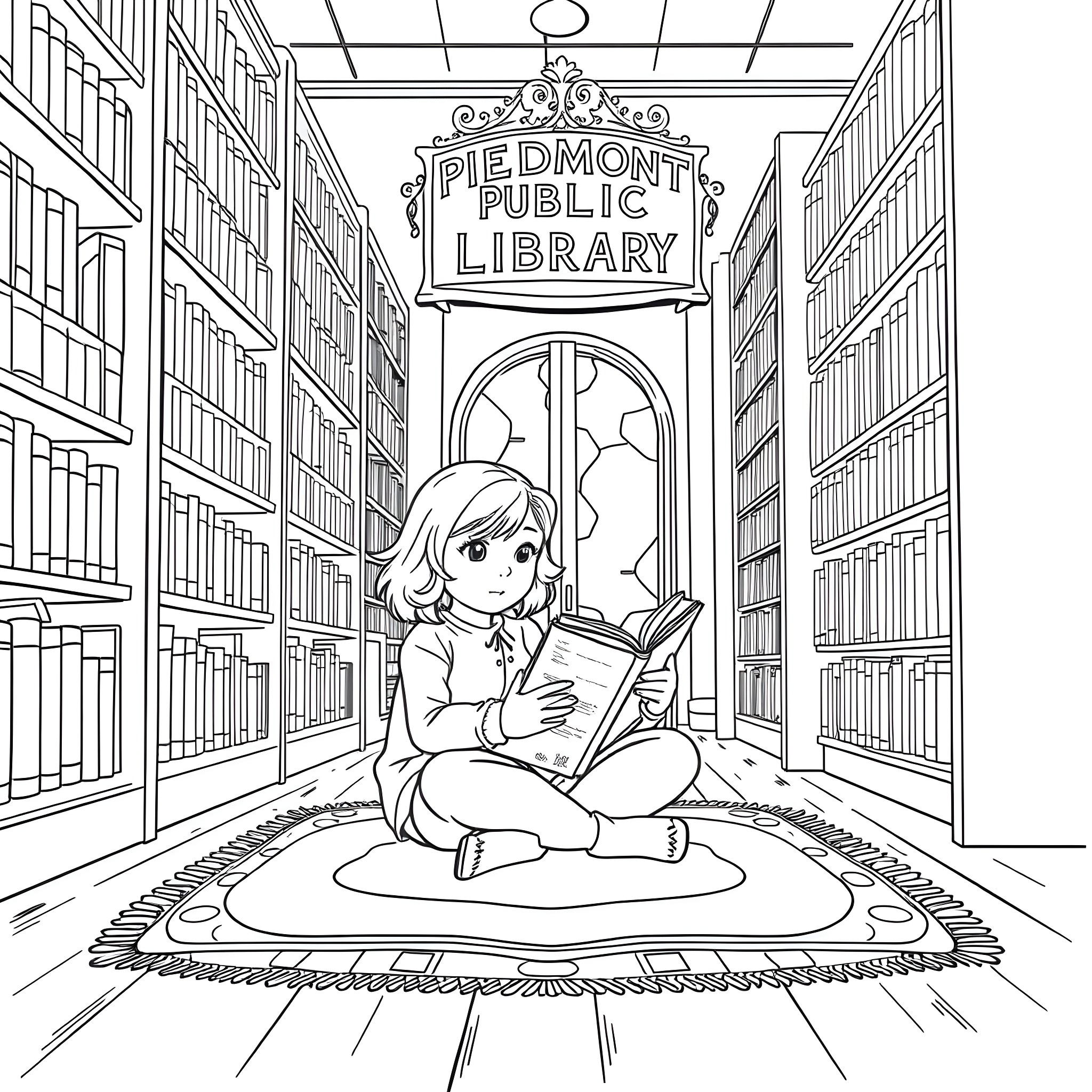 Girl reading a book in the library Coloring Page (free black-and-white line drawing printable PDF for all, from beginners to advanced learners, including children, teens, adults, and seniors)