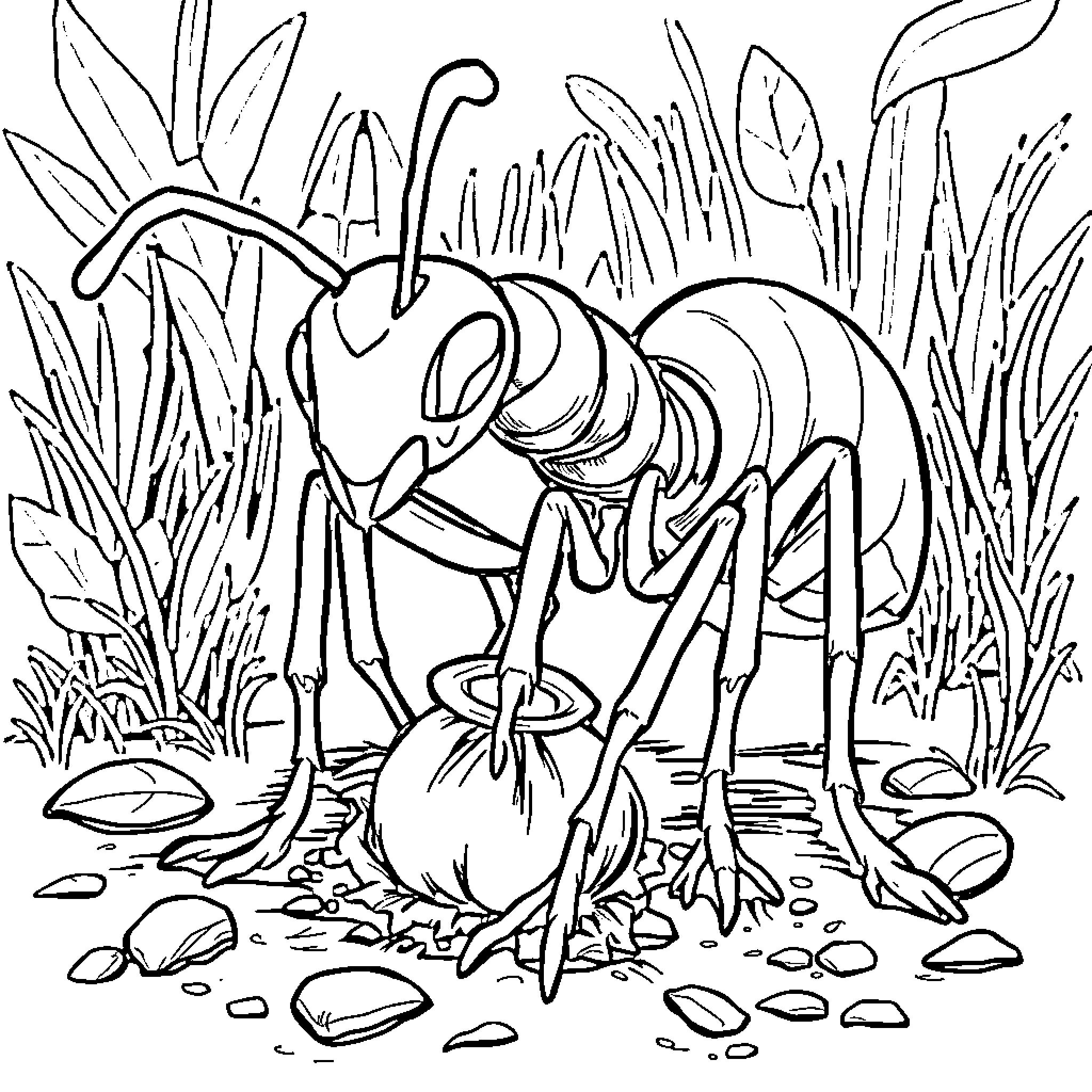 Ant carrying large food in the forest Coloring Page (free black-and-white line drawing printable PDF for all, from beginners to advanced learners, including children, teens, adults, and seniors)