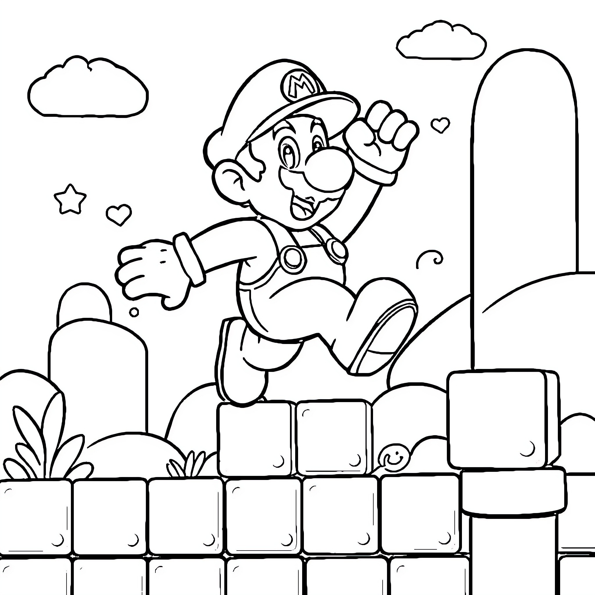 Super Mario jumping with joy in the Mushroom Kingdom Coloring Page (free black-and-white line drawing printable PDF for all, from beginners to advanced learners, including children, teens, adults, and seniors)
