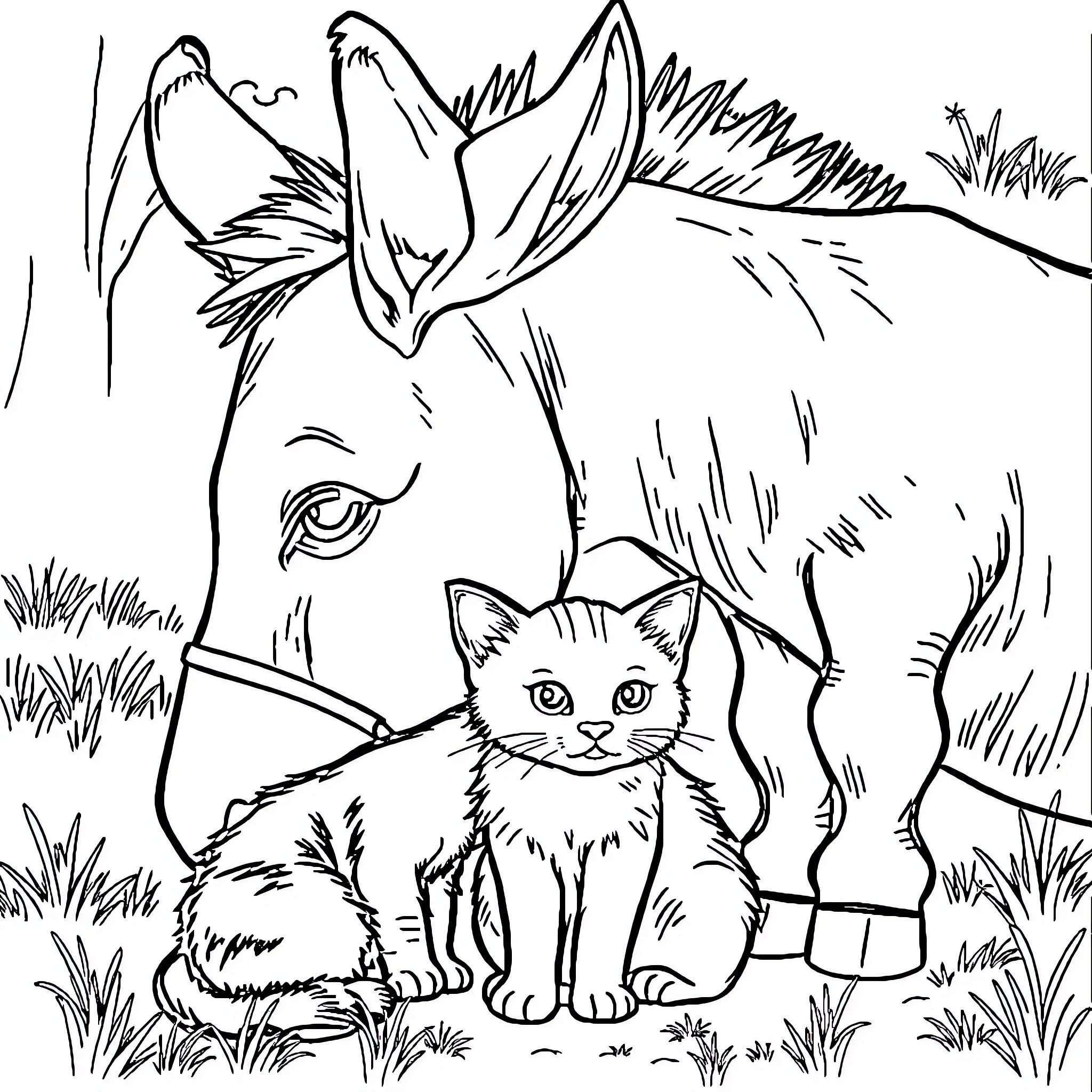 Cat with a friendly donkey in the meadow Coloring Page (free black-and-white line drawing printable PDF for all, from beginners to advanced learners, including children, teens, adults, and seniors)