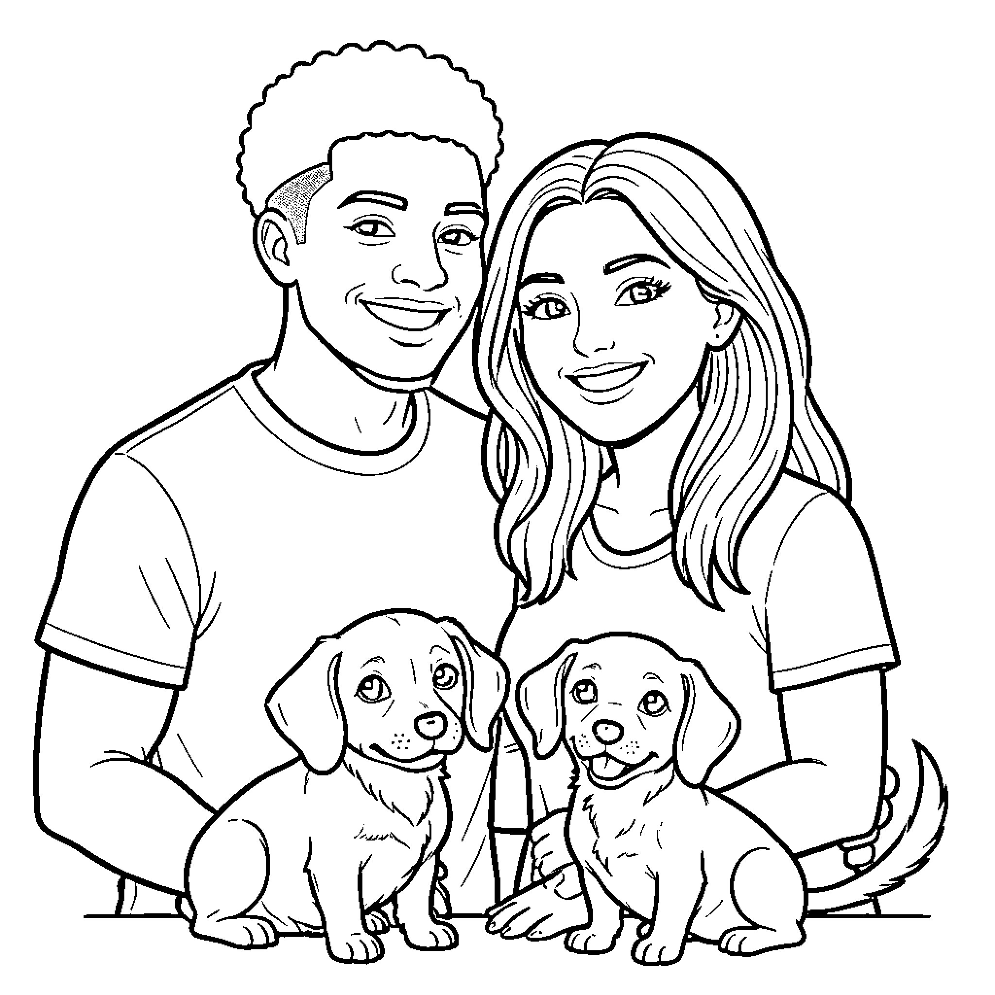 Couple smiling happily while posing with two puppies Coloring Page (free black-and-white line drawing printable PDF for all, from beginners to advanced learners, including children, teens, adults, and seniors)