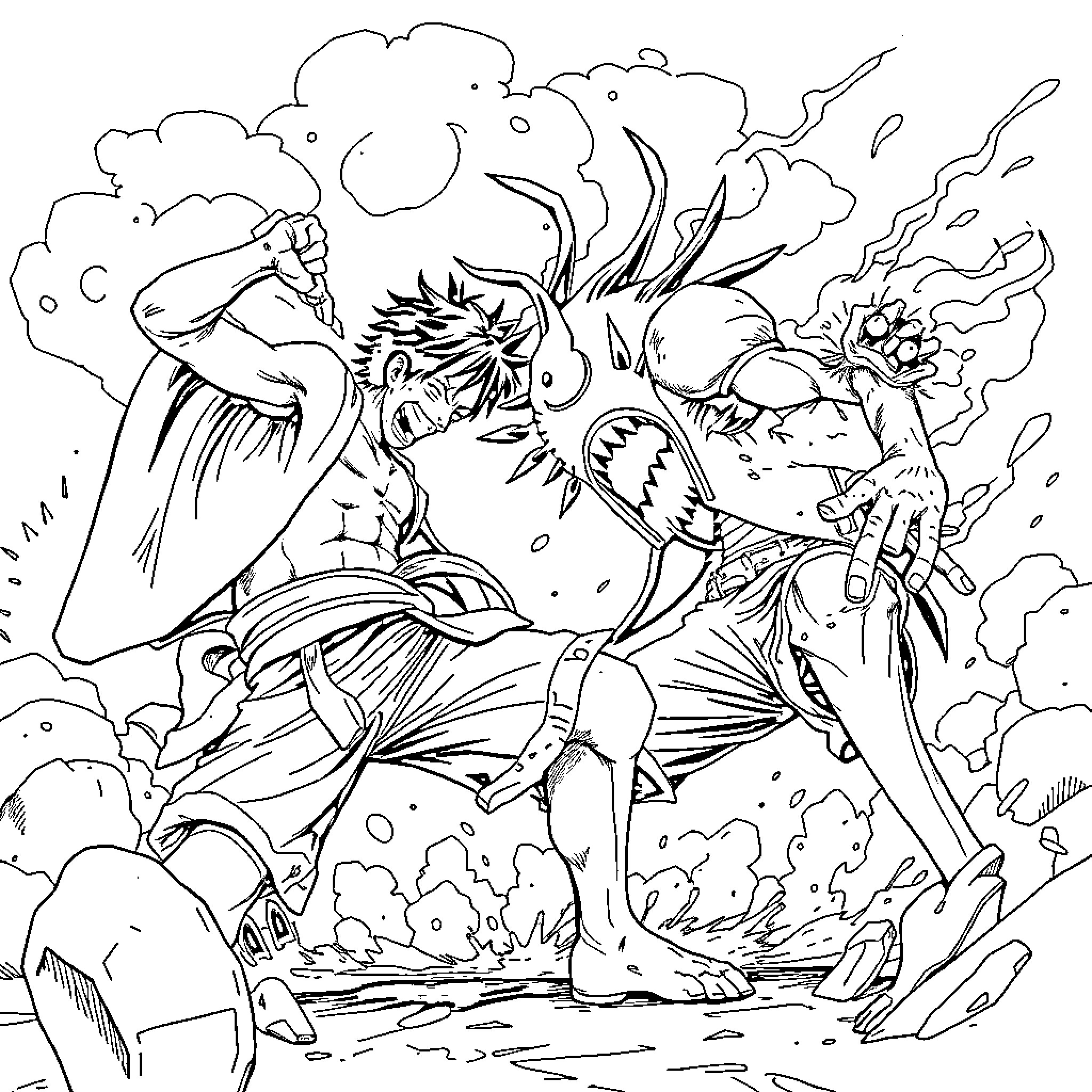 Luffy's Fierce Battle Against a Monstrous Foe Coloring Page (free black-and-white line drawing printable PDF for all, from beginners to advanced learners, including children, teens, adults, and seniors)