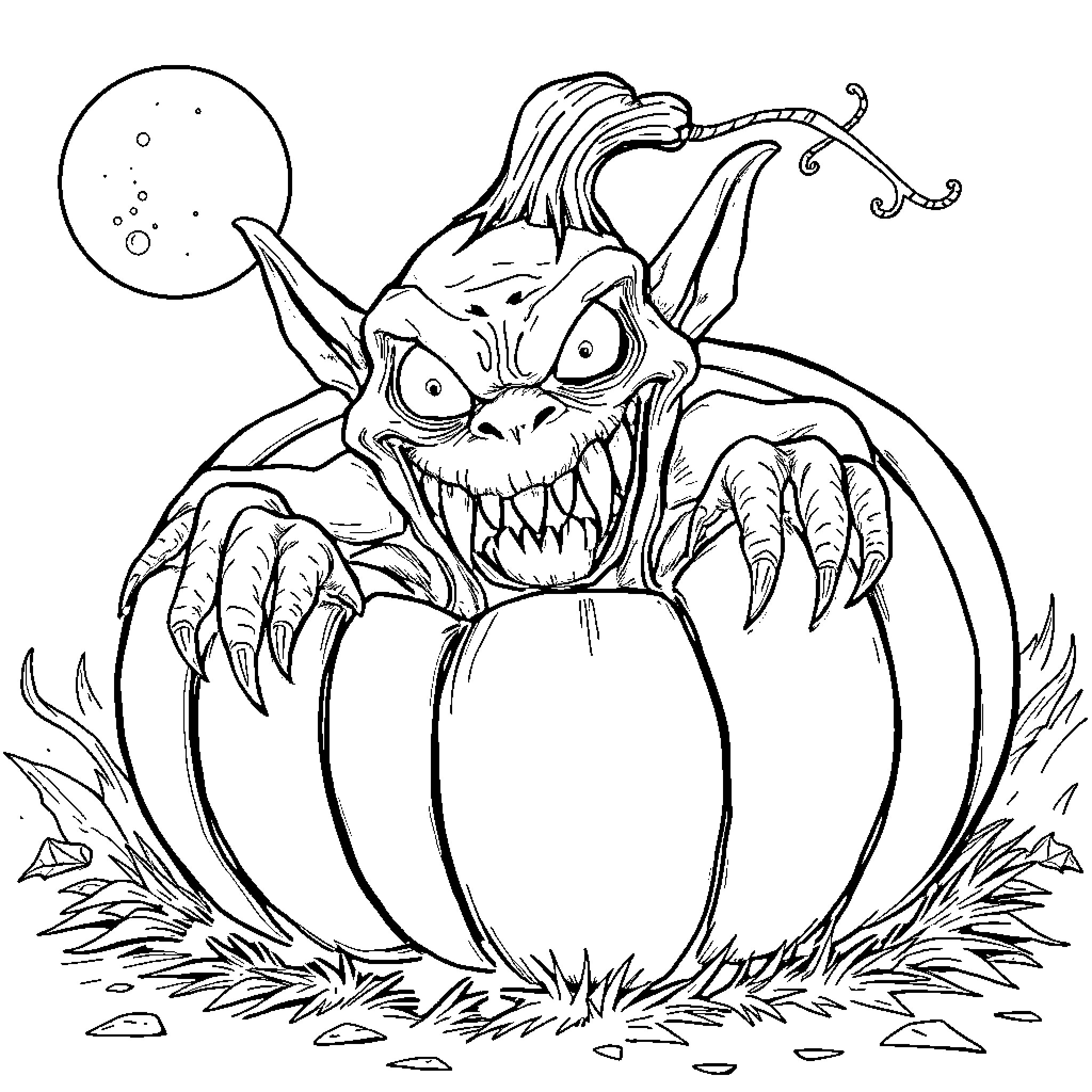 Monster emerging from a pumpkin with eerie expression Coloring Page (free black-and-white line drawing printable PDF for all, from beginners to advanced learners, including children, teens, adults, and seniors)