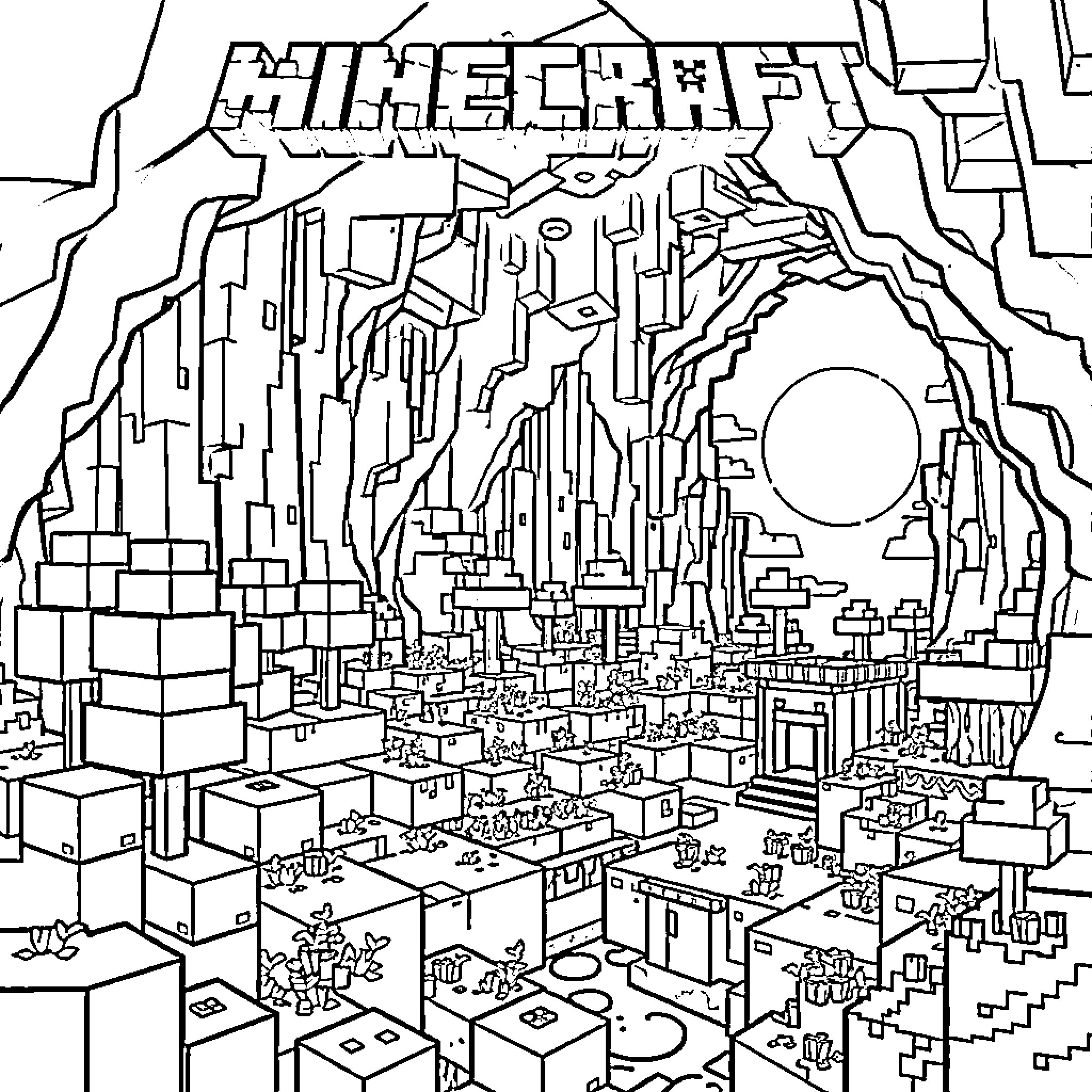 Minecraft Cityscape with Blocky Structures and Landscape Coloring Page (free black-and-white line drawing printable PDF for all, from beginners to advanced learners, including children, teens, adults, and seniors)