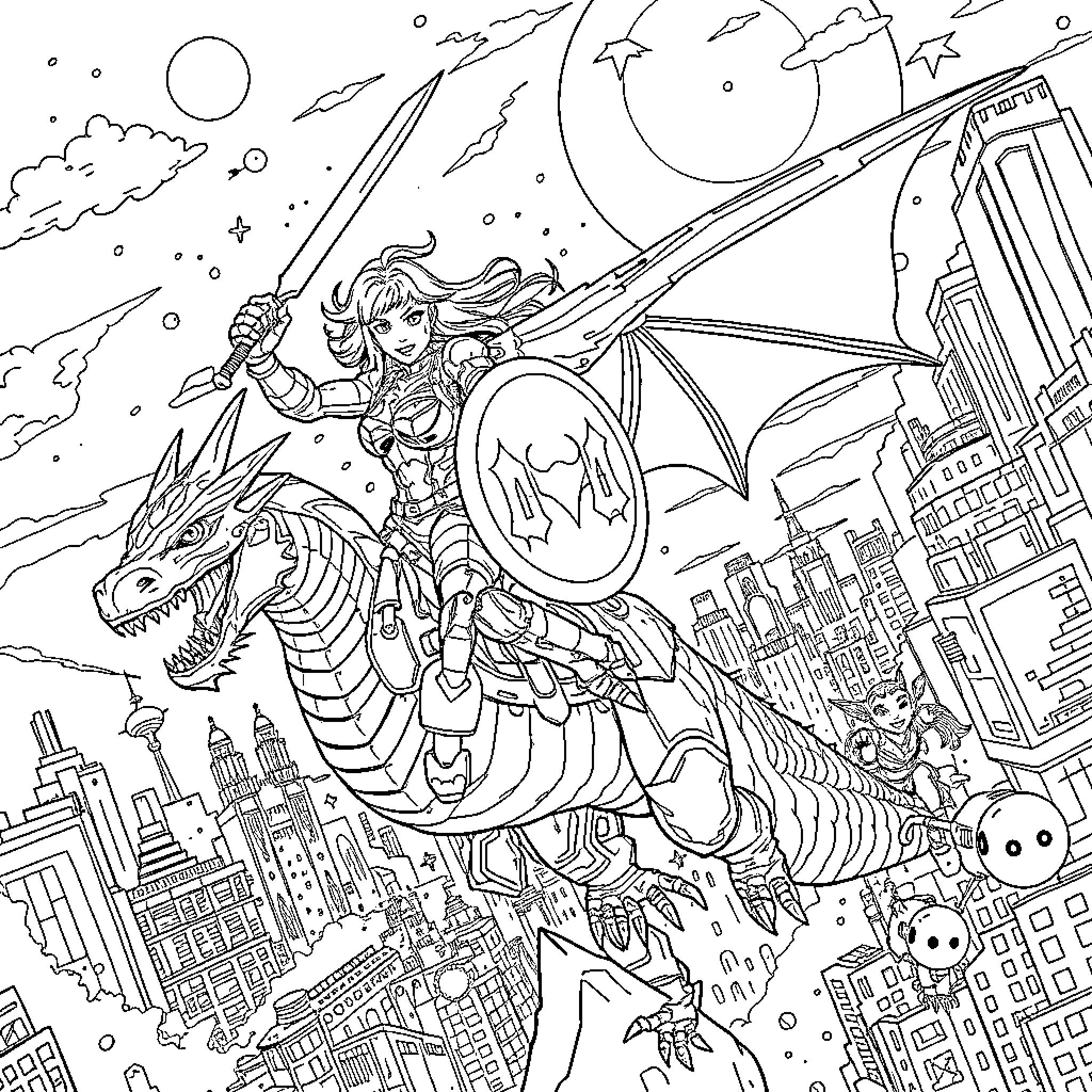 Cyborg warrior soaring above the futuristic city Coloring Page (free black-and-white line drawing printable PDF for all, from beginners to advanced learners, including children, teens, adults, and seniors)