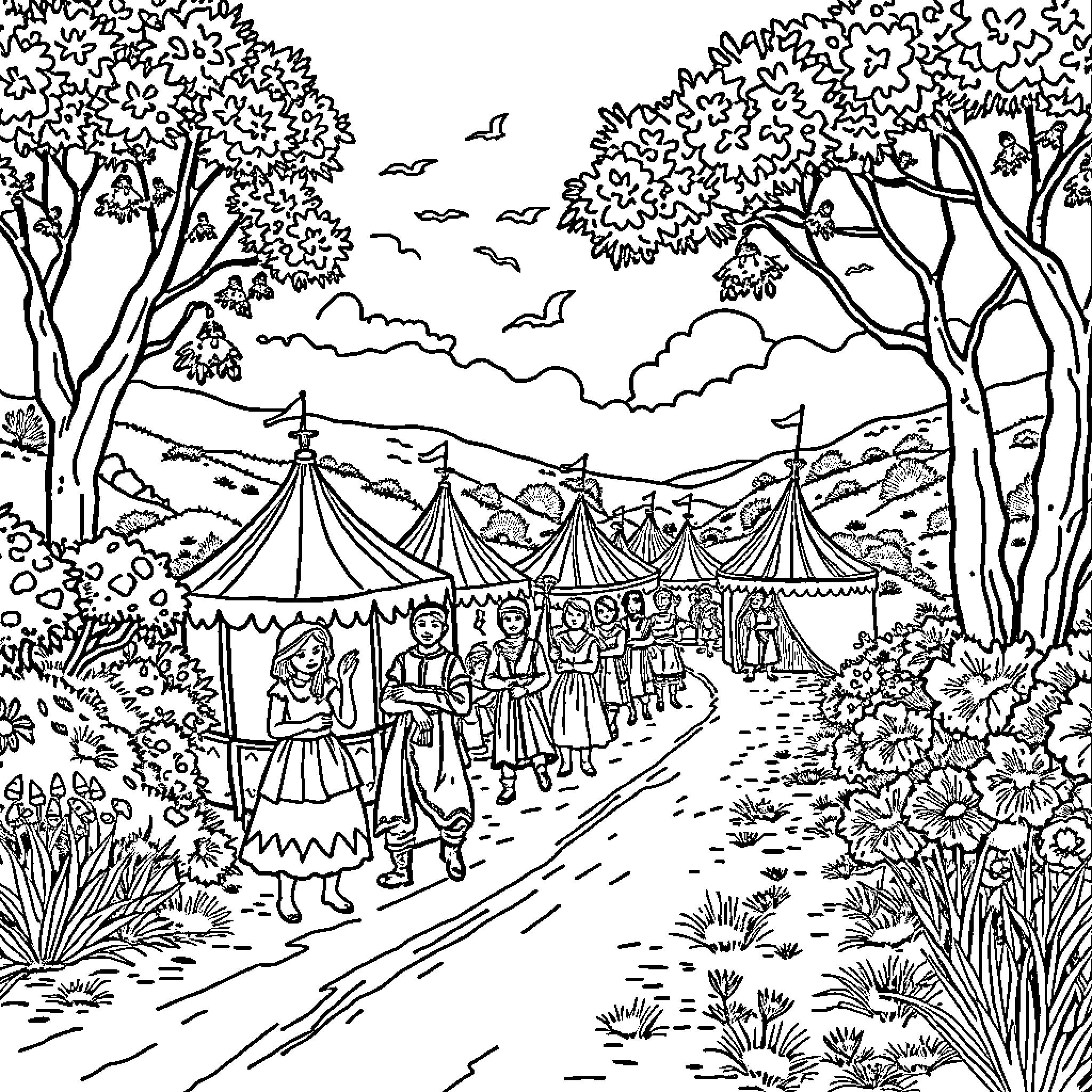 Caravan of performers at the outdoor festival Coloring Page (free black-and-white line drawing printable PDF for all, from beginners to advanced learners, including children, teens, adults, and seniors)
