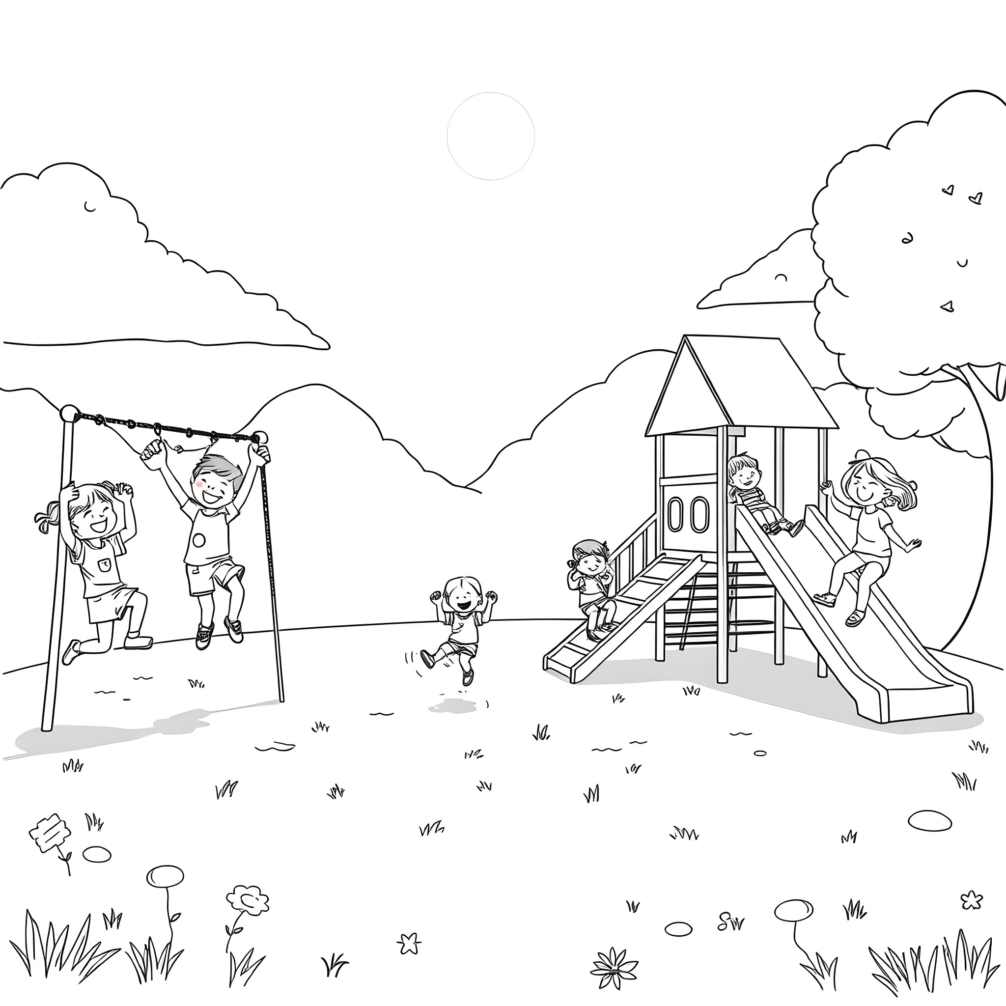 Kid's playing time on the playground equipment Coloring Page (free black-and-white line drawing printable PDF for all, from beginners to advanced learners, including children, teens, adults, and seniors)
