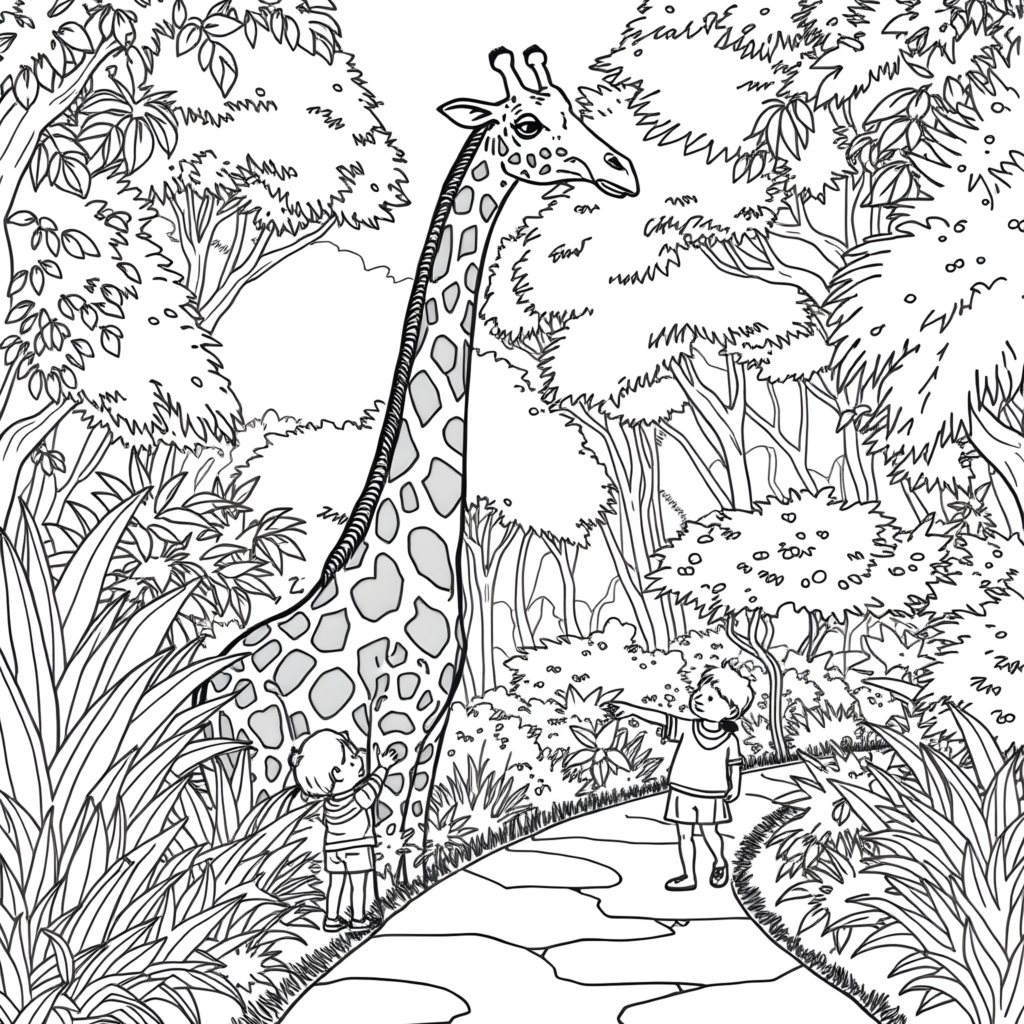 Giraffe standing in lush jungle with children exploring Coloring Page (free black-and-white line drawing printable PDF for all, from beginners to advanced learners, including children, teens, adults, and seniors)