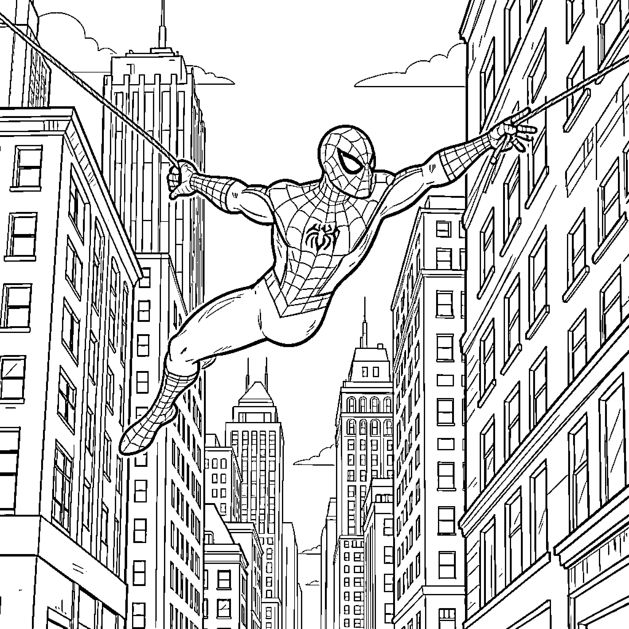 Spider-Man swinging between skyscrapers in a city Coloring Page (free black-and-white line drawing printable PDF for all, from beginners to advanced learners, including children, teens, adults, and seniors)