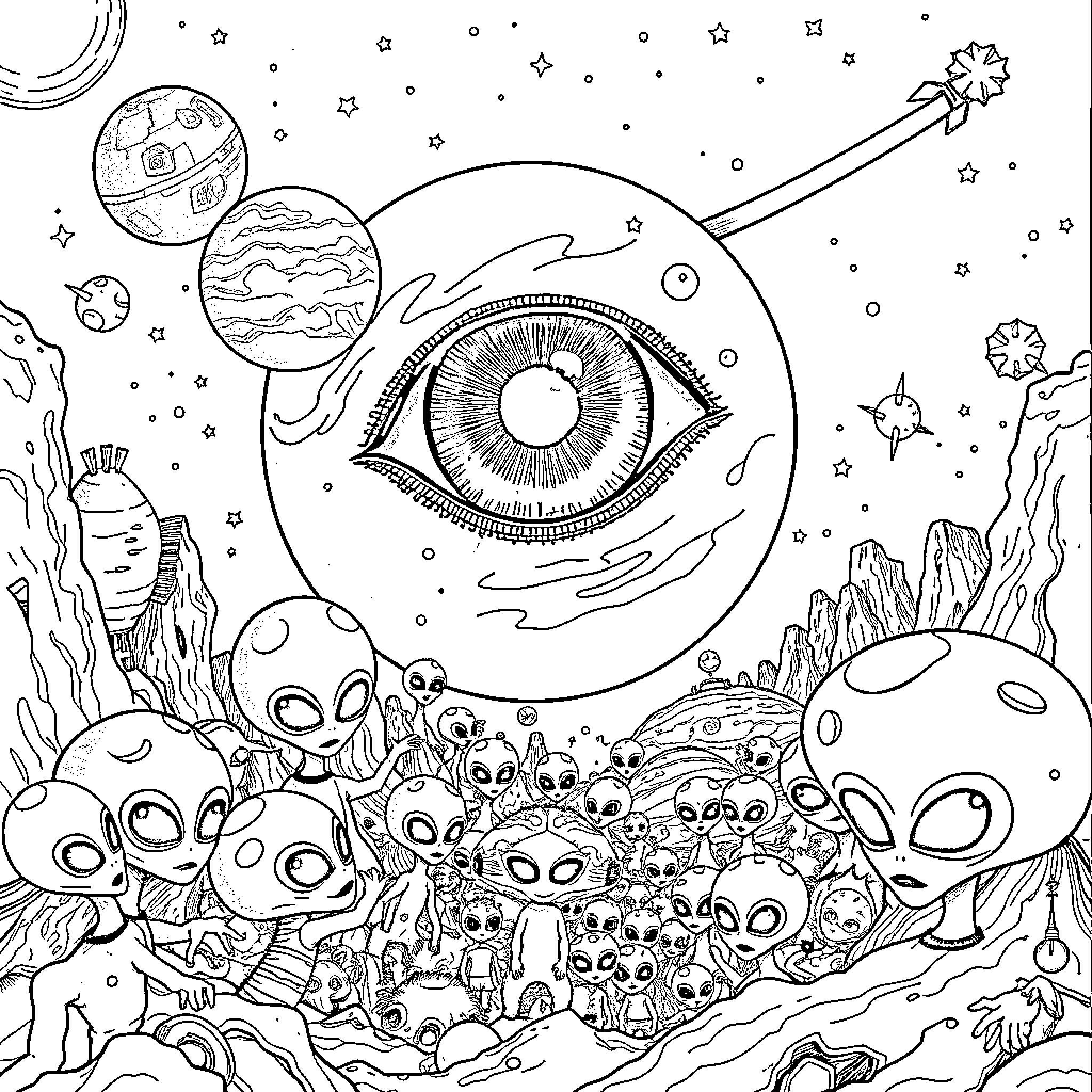 Planet of Alien Creatures and Cosmic Wonders Coloring Page (free black-and-white line drawing printable PDF for all, from beginners to advanced learners, including children, teens, adults, and seniors)