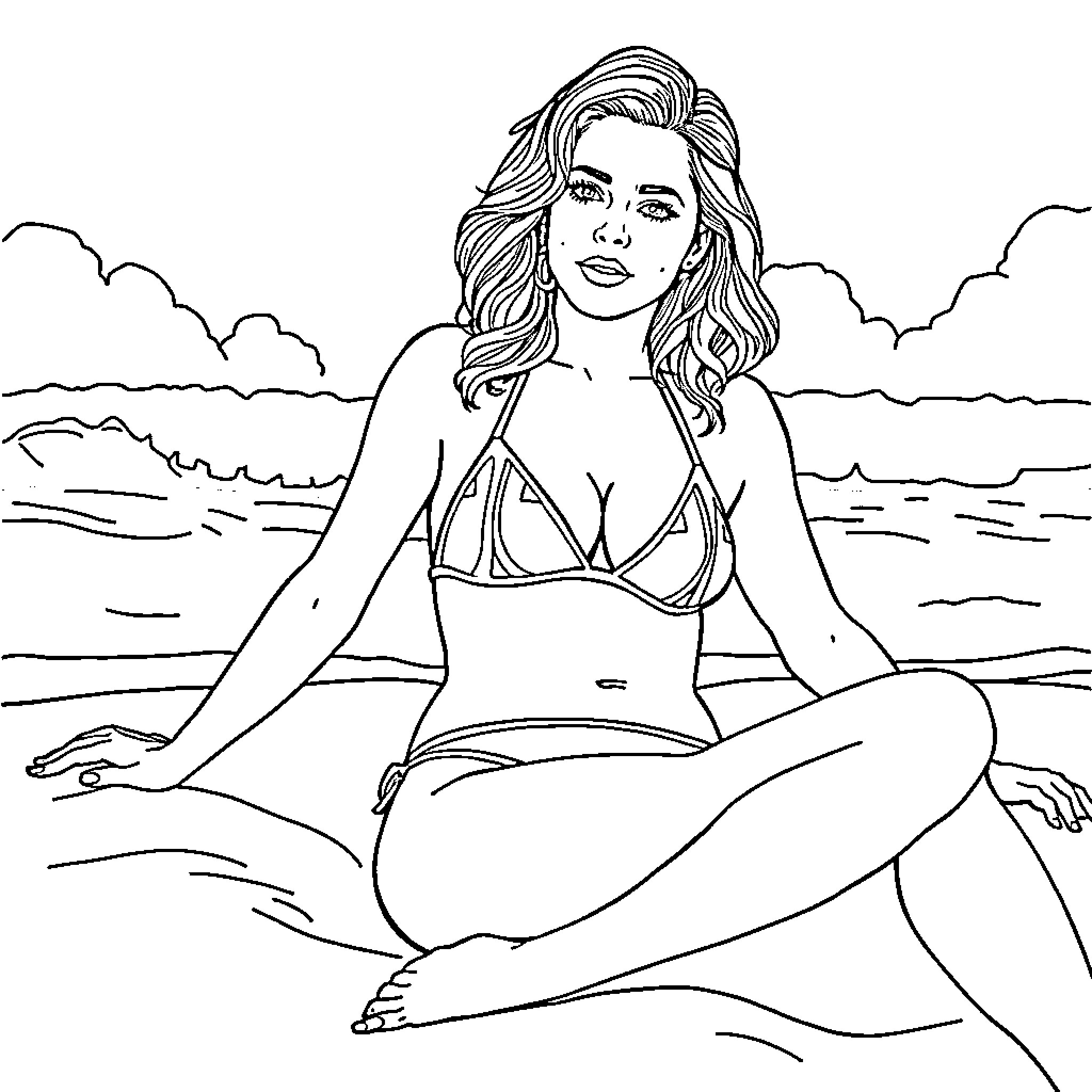 Christina Hendricks enjoys a peaceful beach scene Coloring Page (free black-and-white line drawing printable PDF for all, from beginners to advanced learners, including children, teens, adults, and seniors)